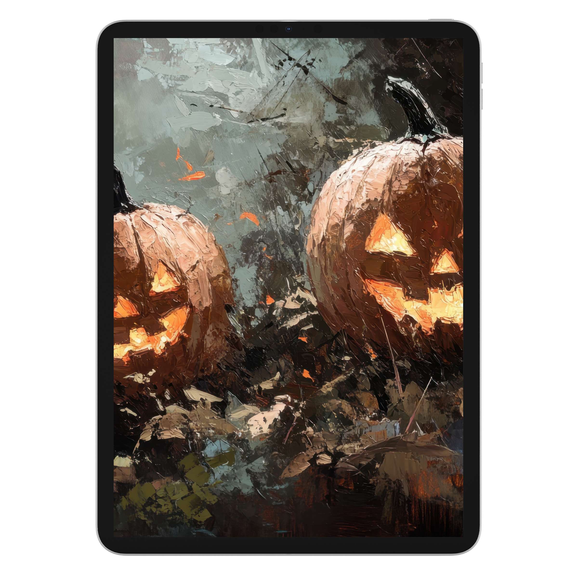 Halloween iPad wallpaper digital download features textured pumpkins with a moody, artistic splash suitable for tablet background