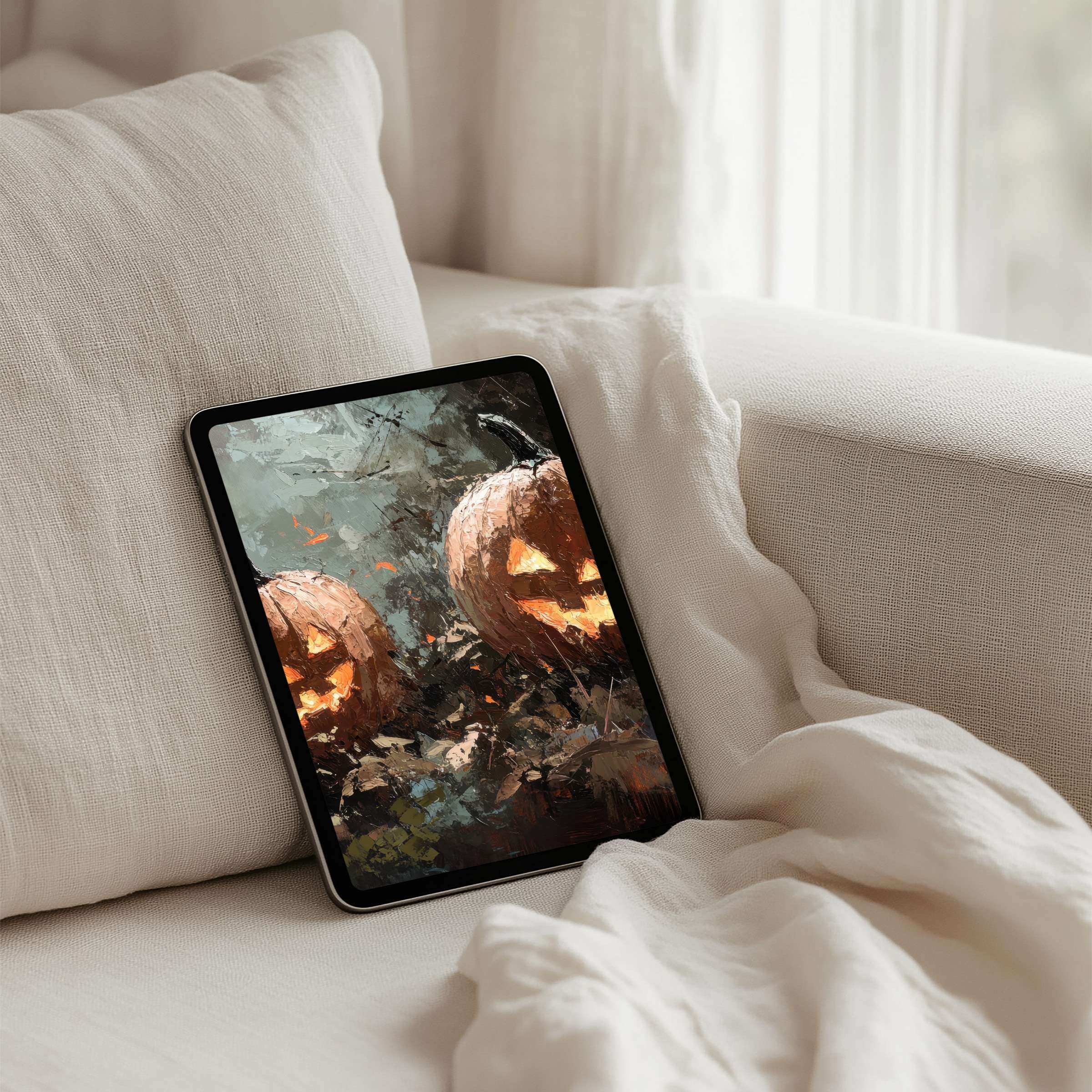 Elegant autumn-inspired iPad background for instant download enhances mindfulness and calm on any tablet with warm, textured pumpkins