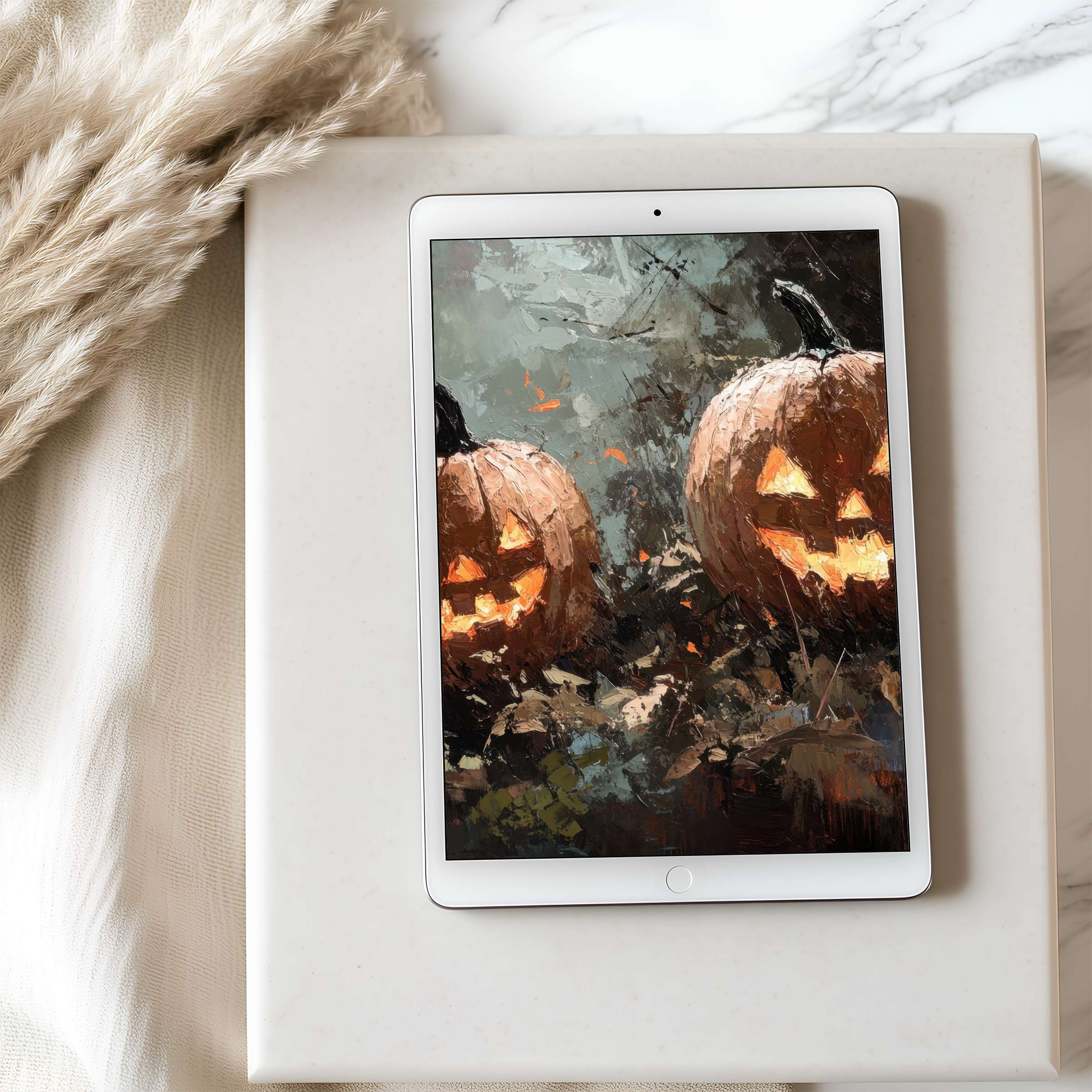 Elegant tablet wallpaper featuring warm hues of digital pumpkins in an autumn scene, perfect for an iPad digital download