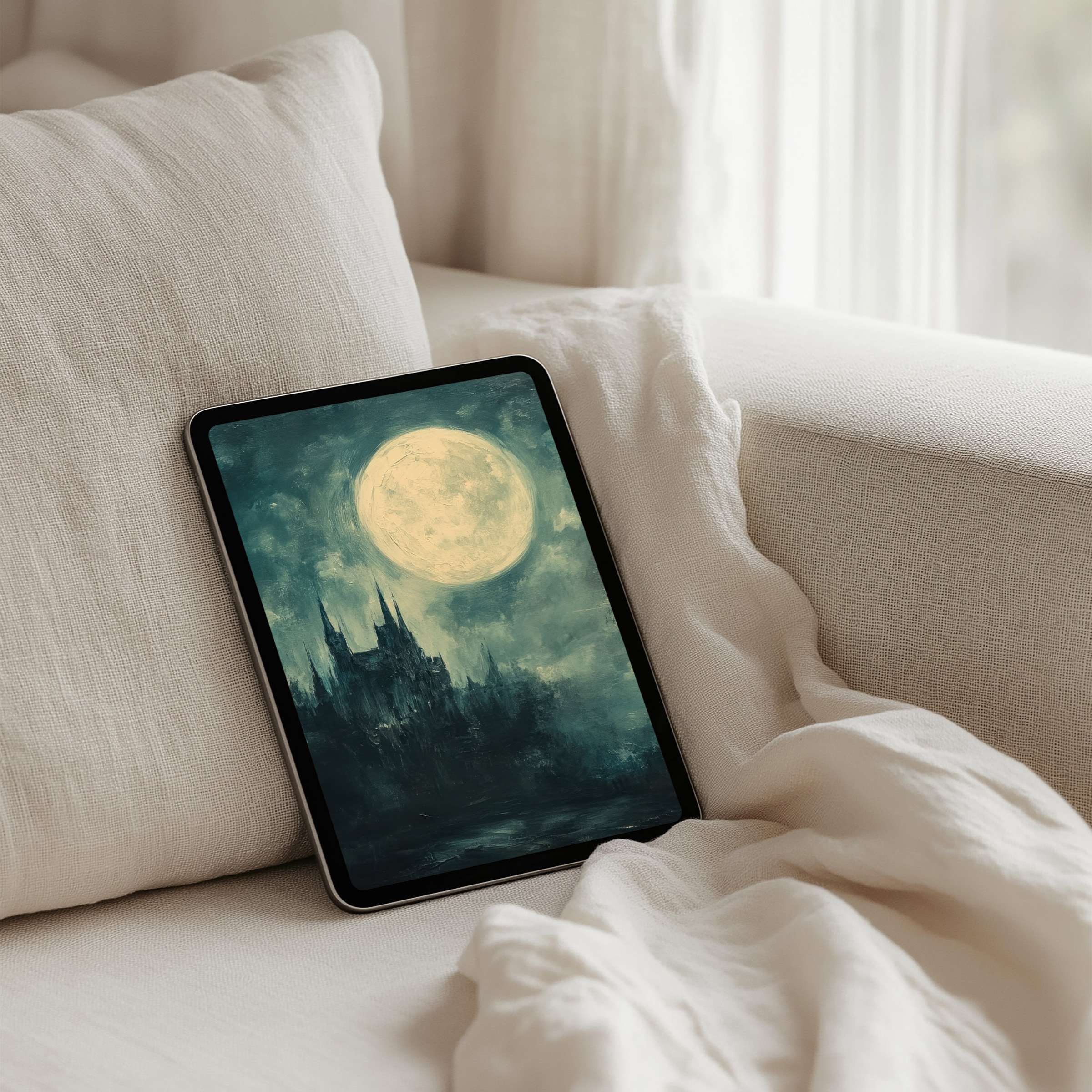 Elegant iPad background featuring a serene moonlit castle scene perfect for instant download on any tablet inspiring calm elegance