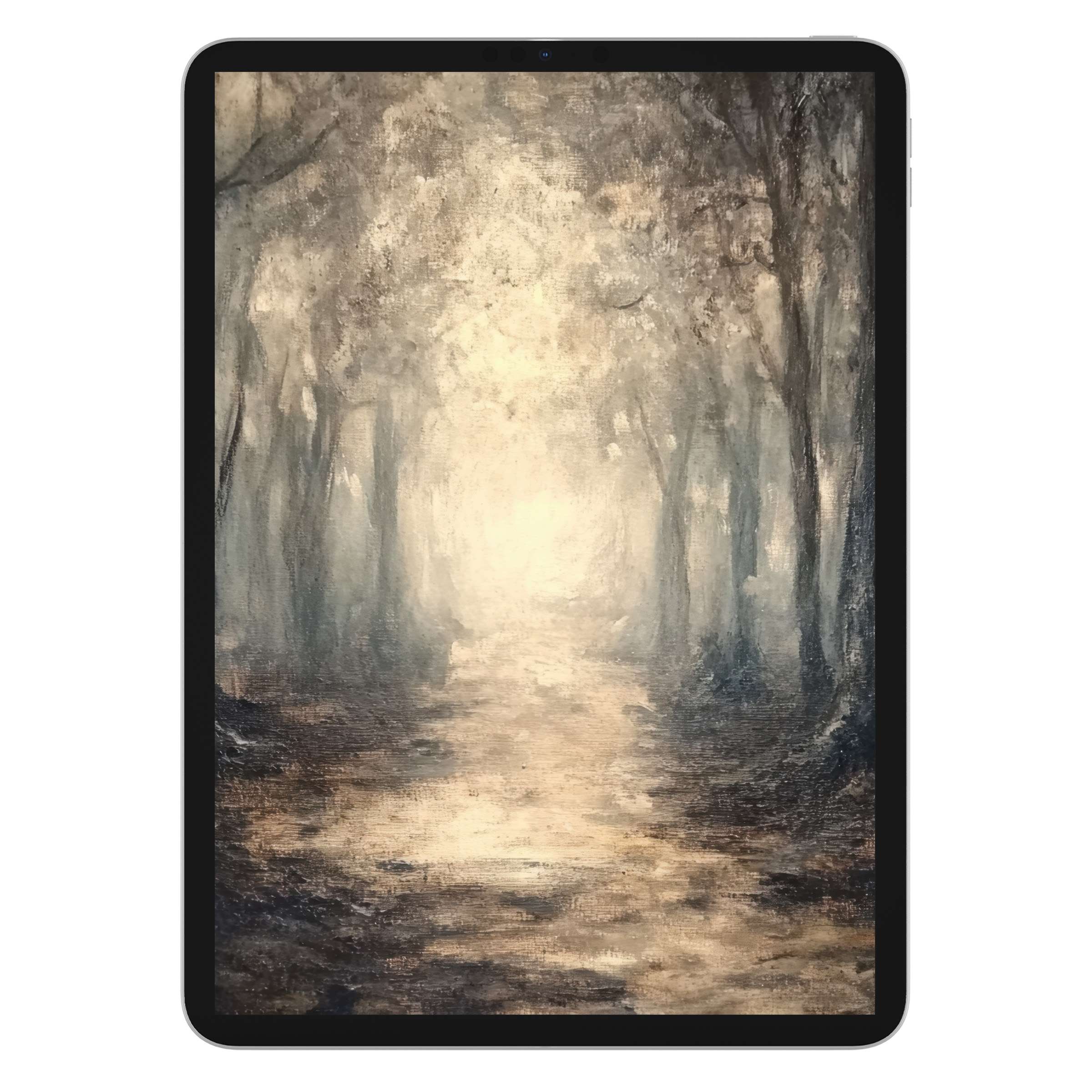 Elegant halloween iPad wallpaper for tablet background, digital download of serene forest path with ethereal glow and soft textures