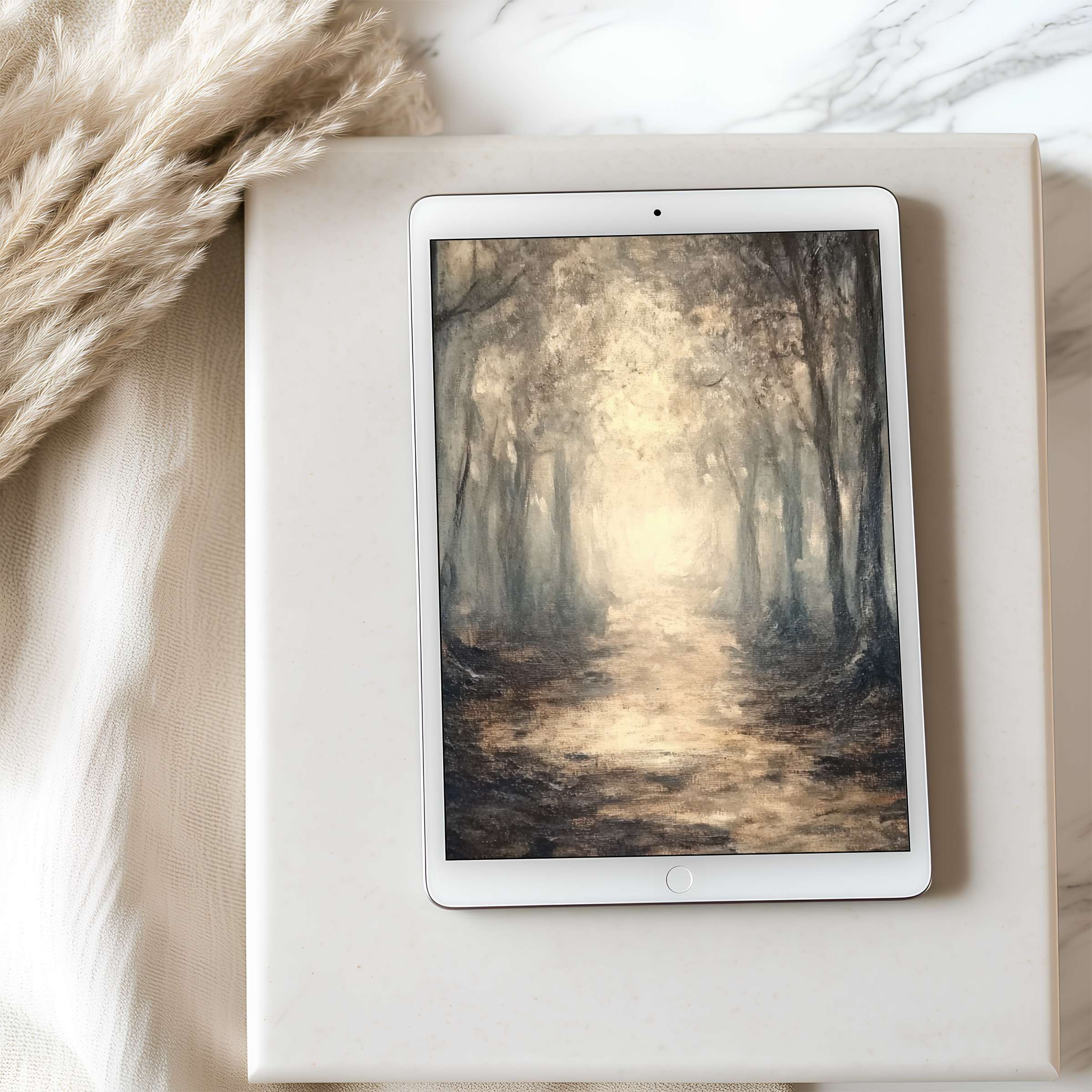 Elegant high-resolution tablet wallpaper showcasing a serene forest path, perfect for curated iPad or Android tablet use, digital download