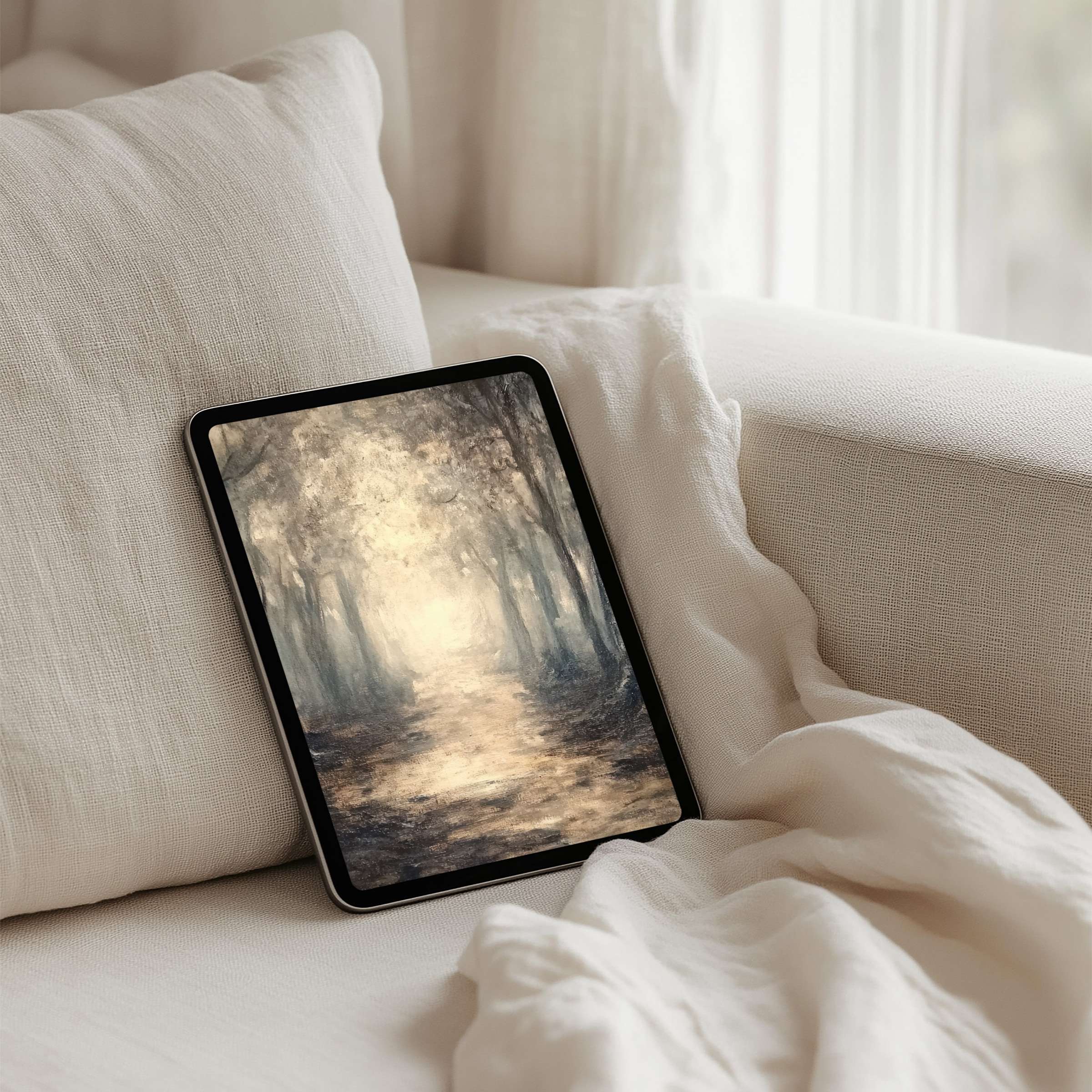 Elegant iPad background showcasing serene forest scene for instant download perfect for mindfulness on any tablet device