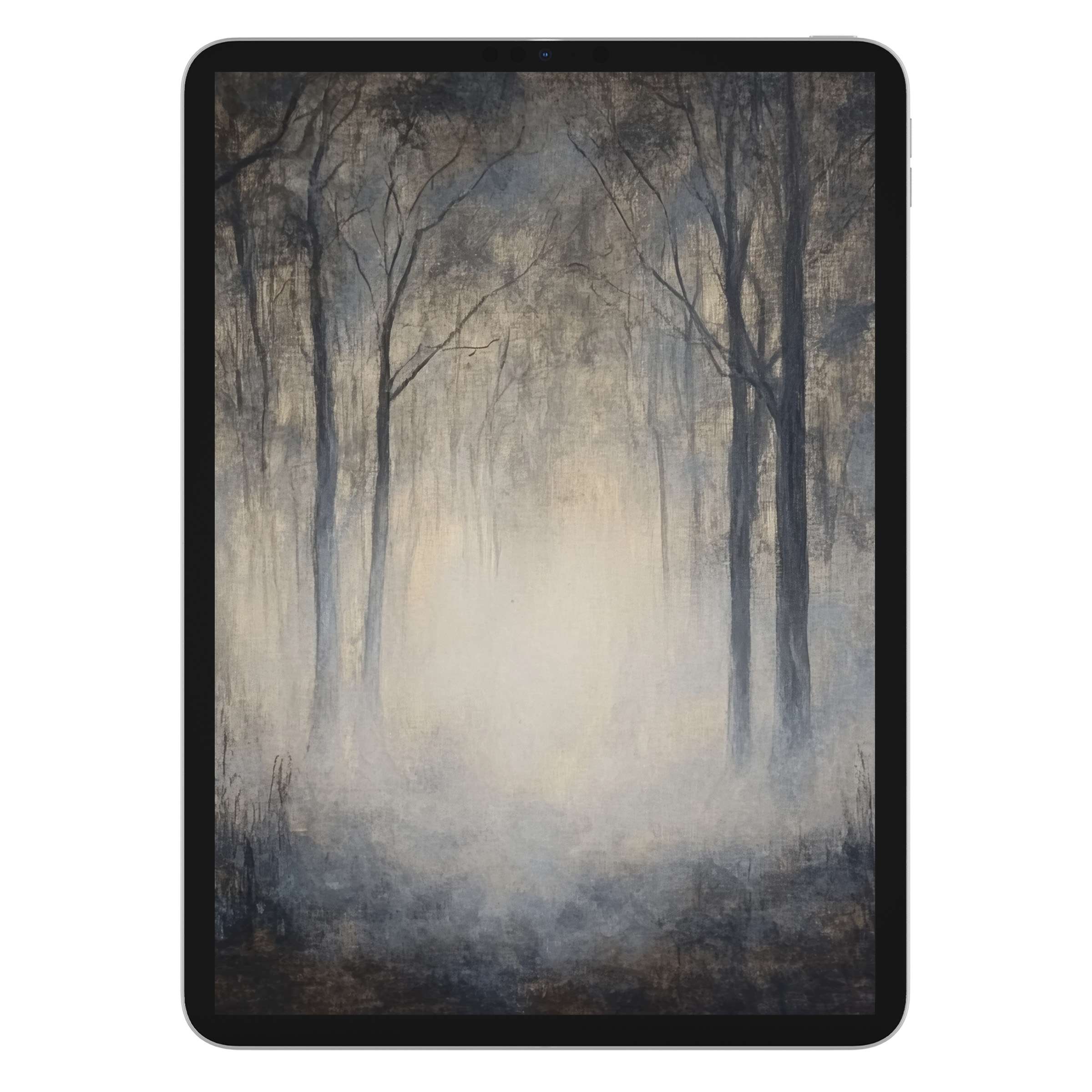 Misty forest halloween iPad wallpaper exudes serene elegance for tablet backgrounds digital download evokes tranquility and mystery