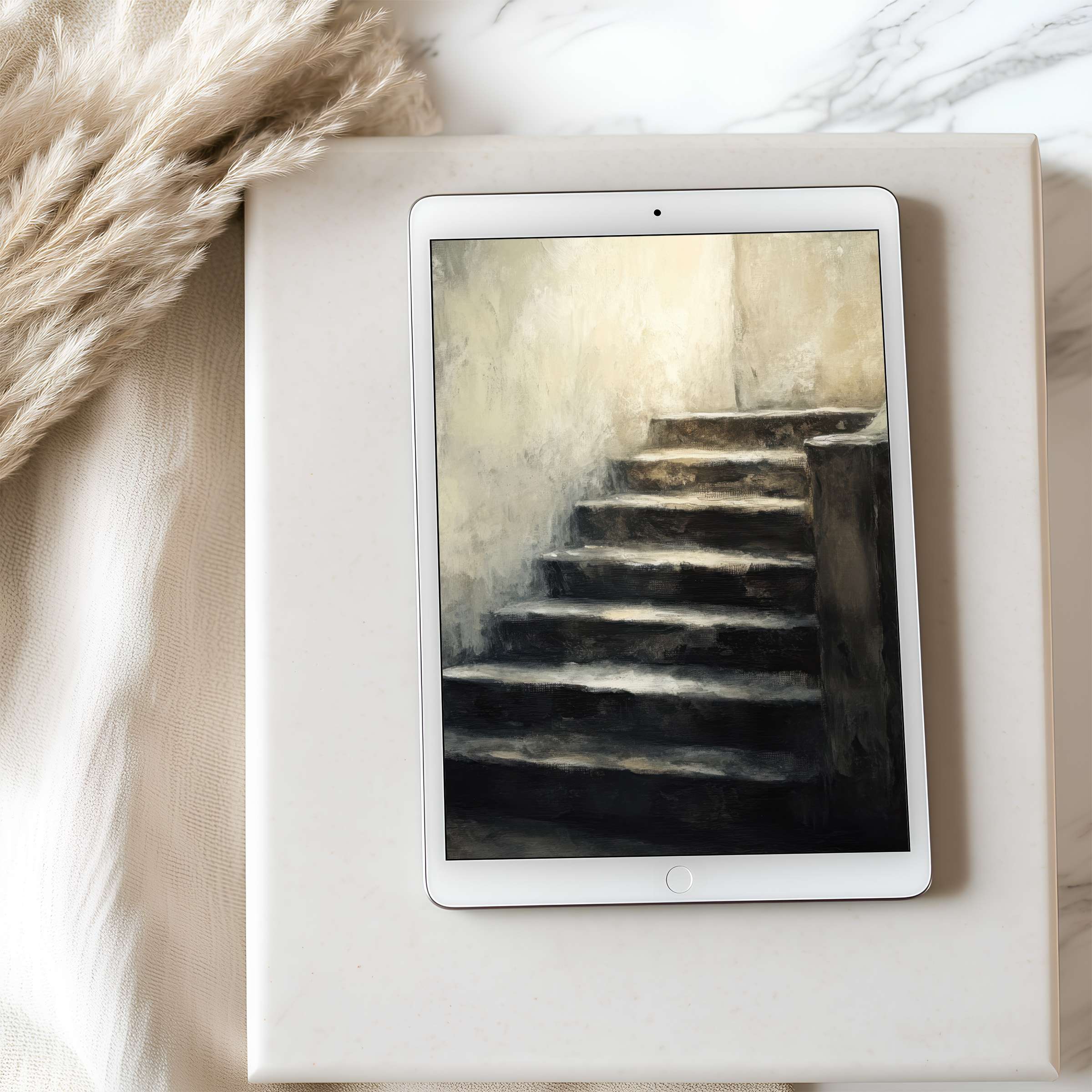 Discover this elegant tablet wallpaper featuring a serene stairway painting, perfect for high-resolution digital downloads on iPad and Android