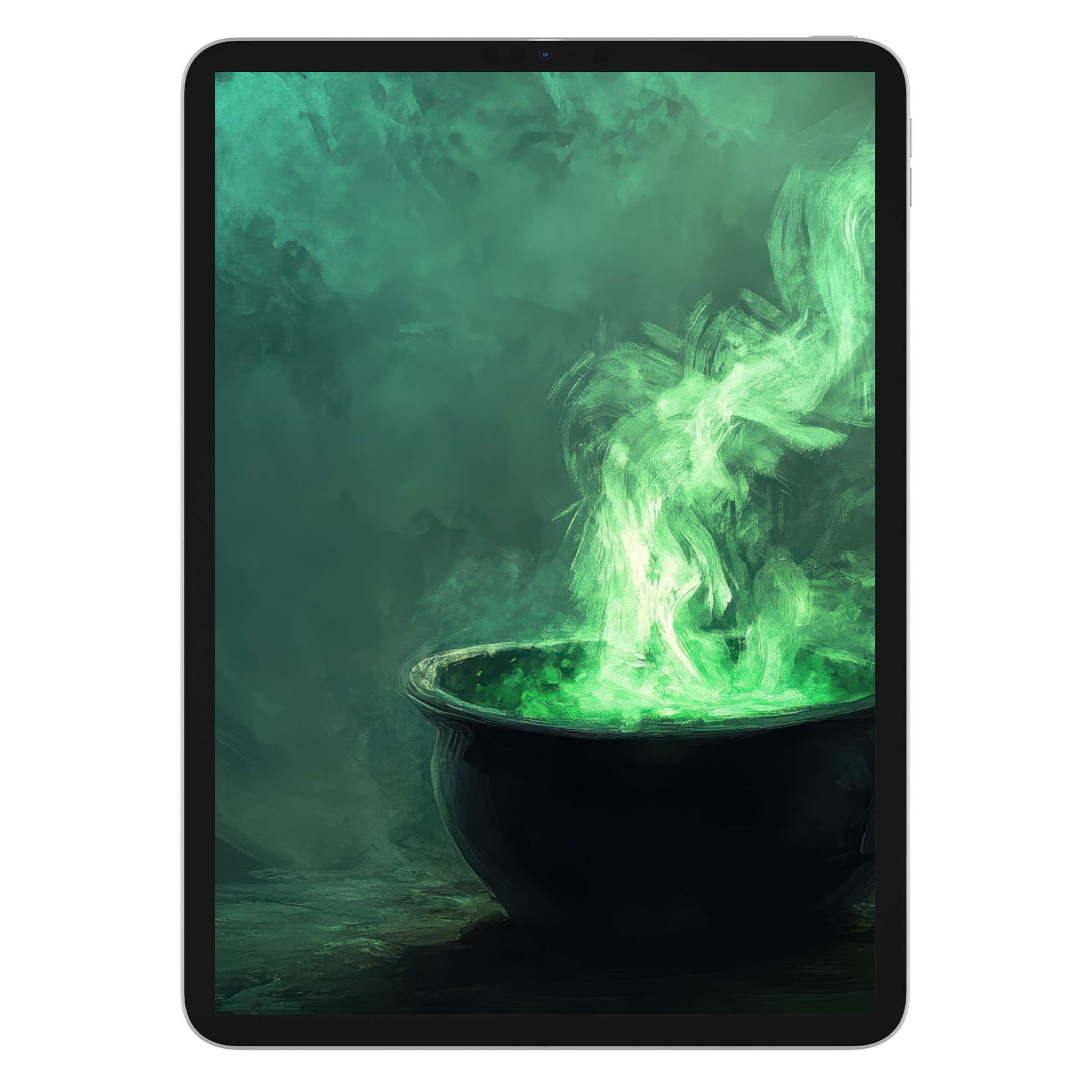 Enchanting halloween iPad wallpaper with a glowing green cauldron captures mystical calm, perfect for digital download on any tablet background