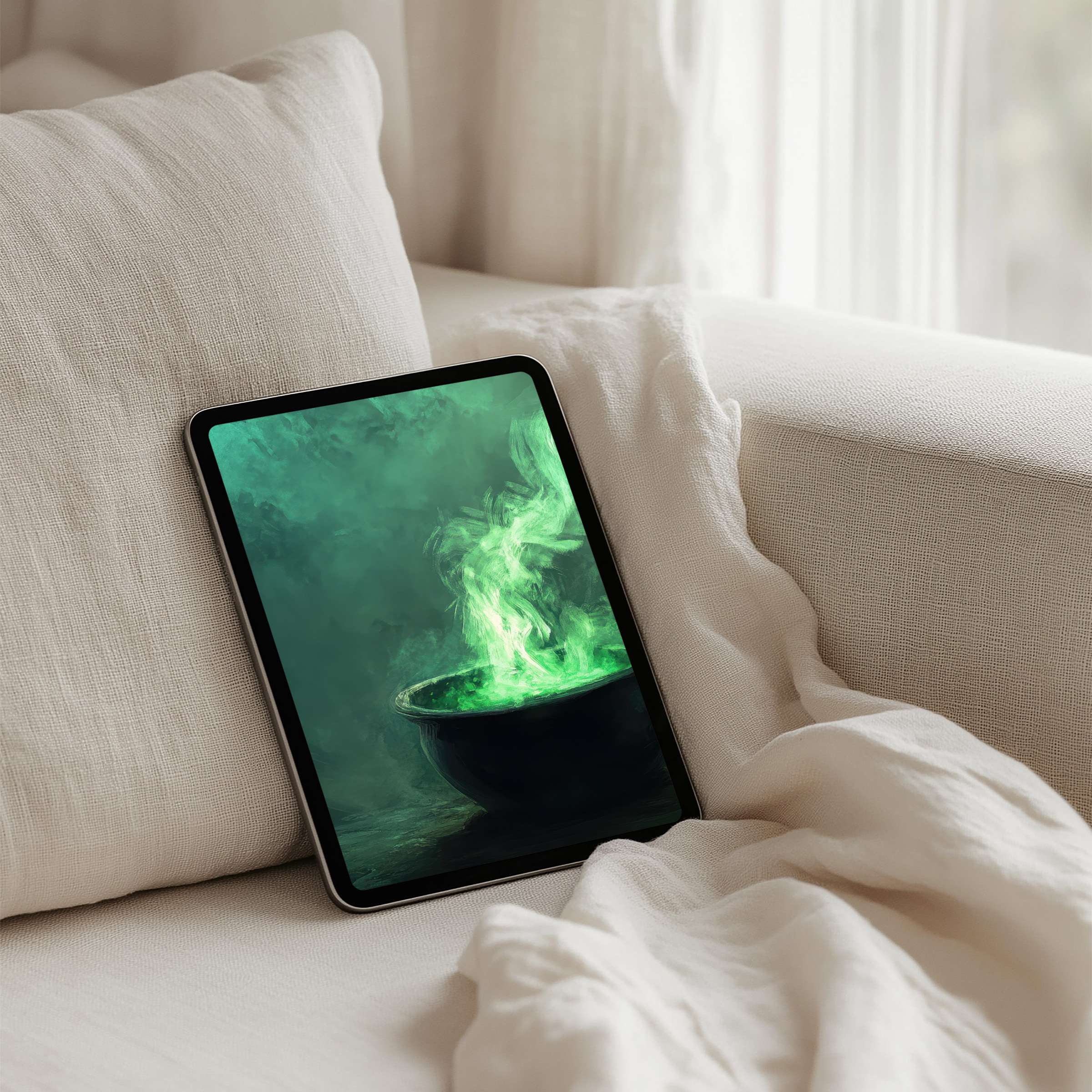 Elegant iPad background featuring serene green mist in a cozy setting perfect for instant download to any tablet device