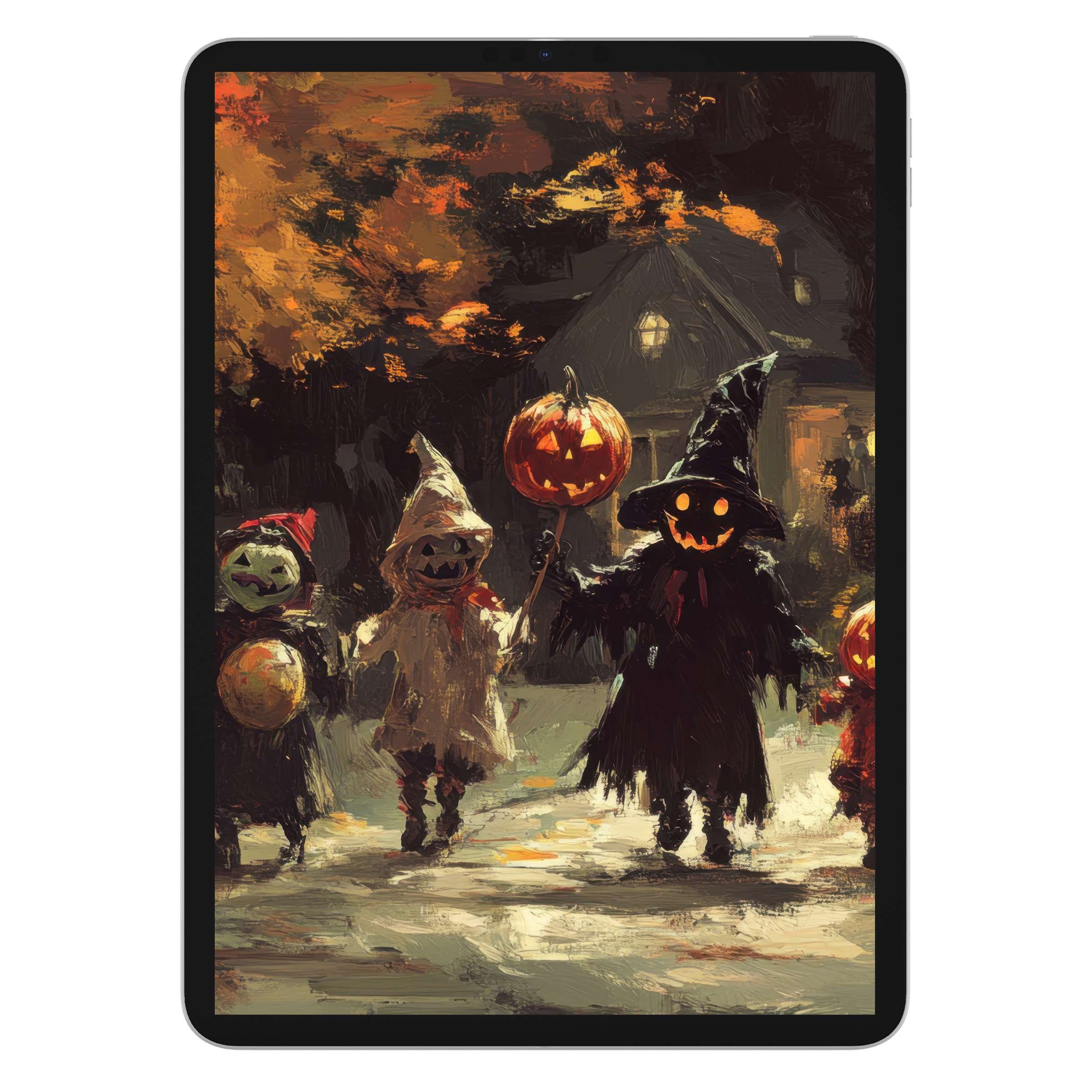 Halloween iPad wallpaper featuring charming painted pumpkins and costumes, perfect digital download background for elegant tablet display