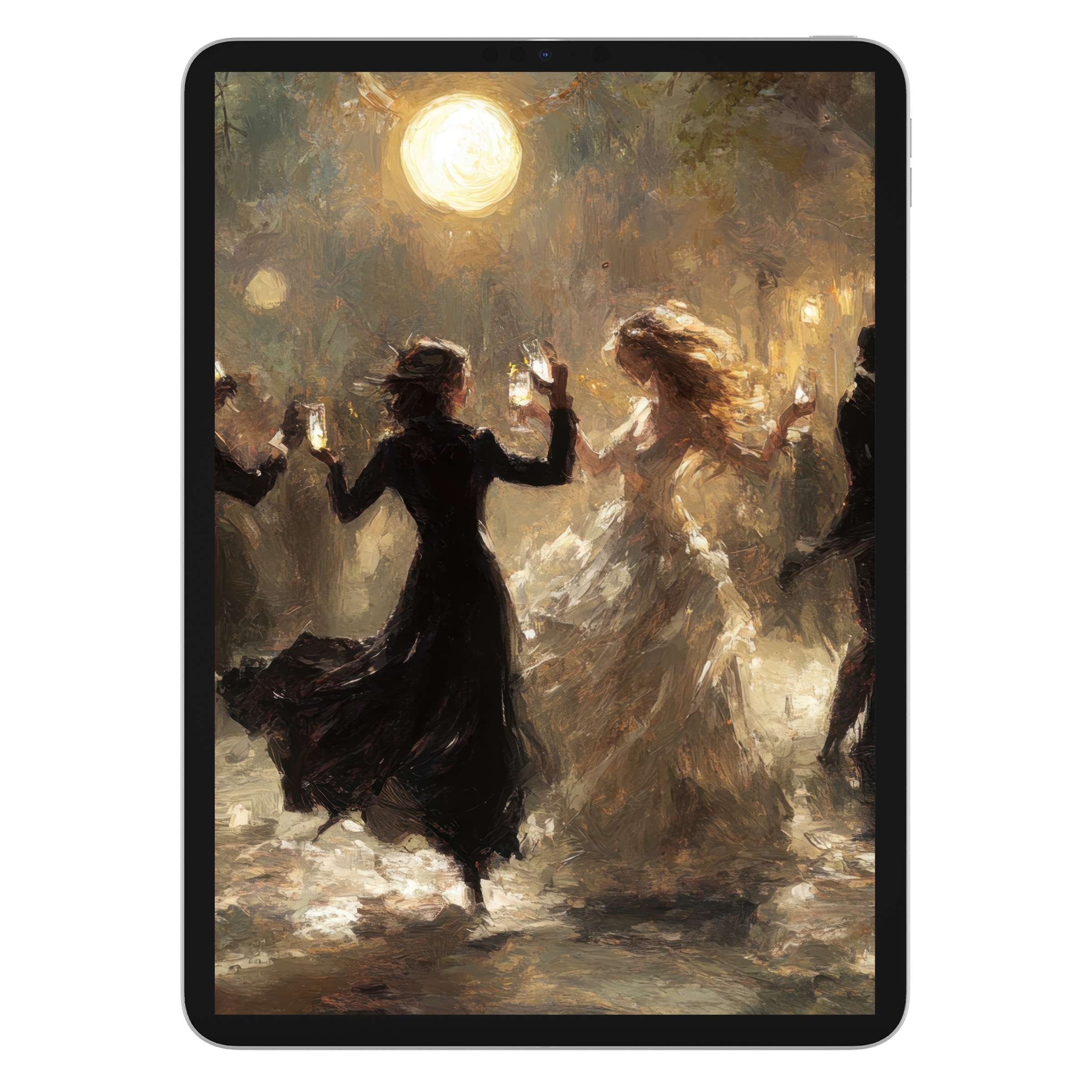 Elegant halloween iPad wallpaper digital download features a dreamy dance scene under the moonlight ideal for tablet backgrounds