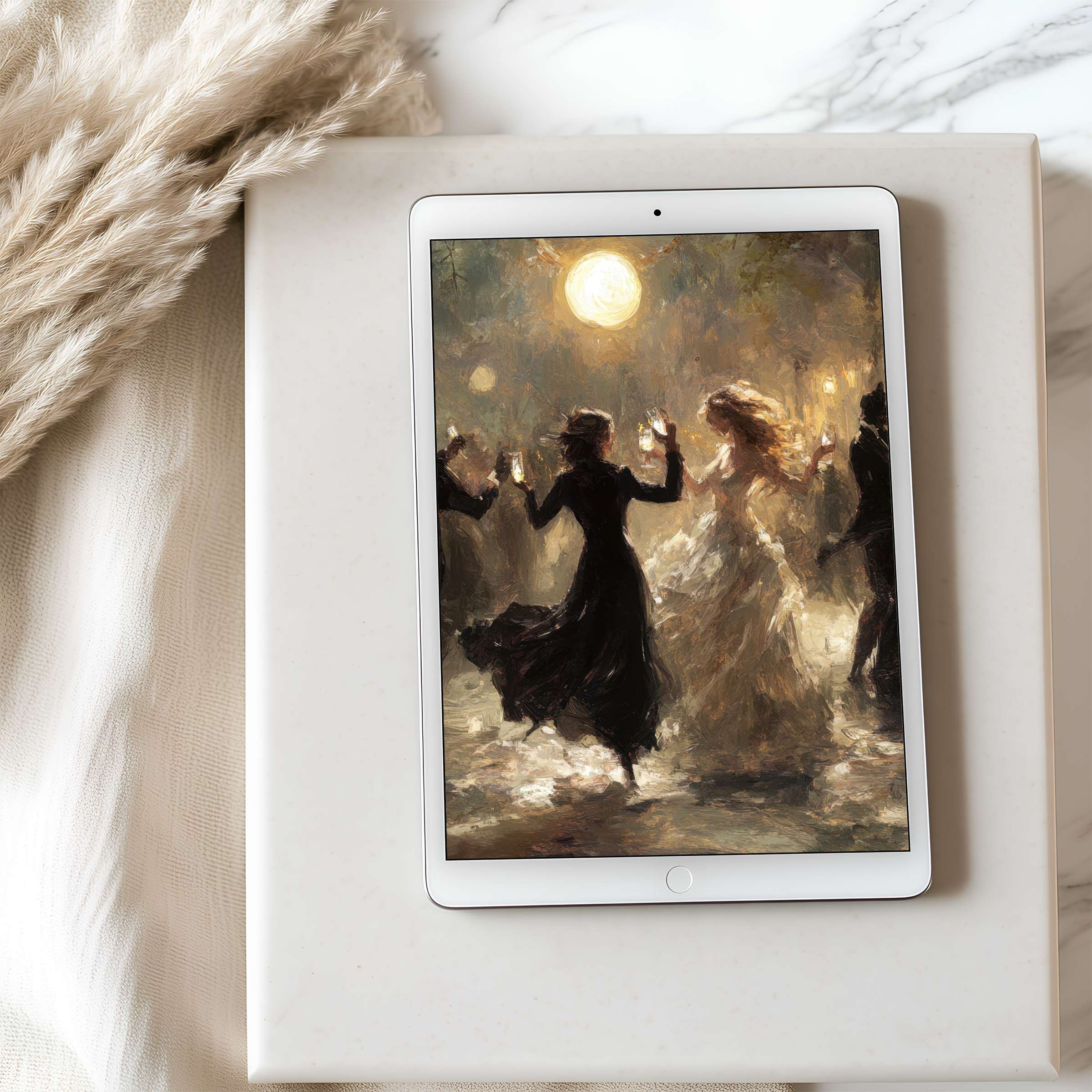 Elegant digital art featuring dancers in swirling gowns under moonlight, ideal tablet wallpaper for iPad and Android, a serene high-resolution download