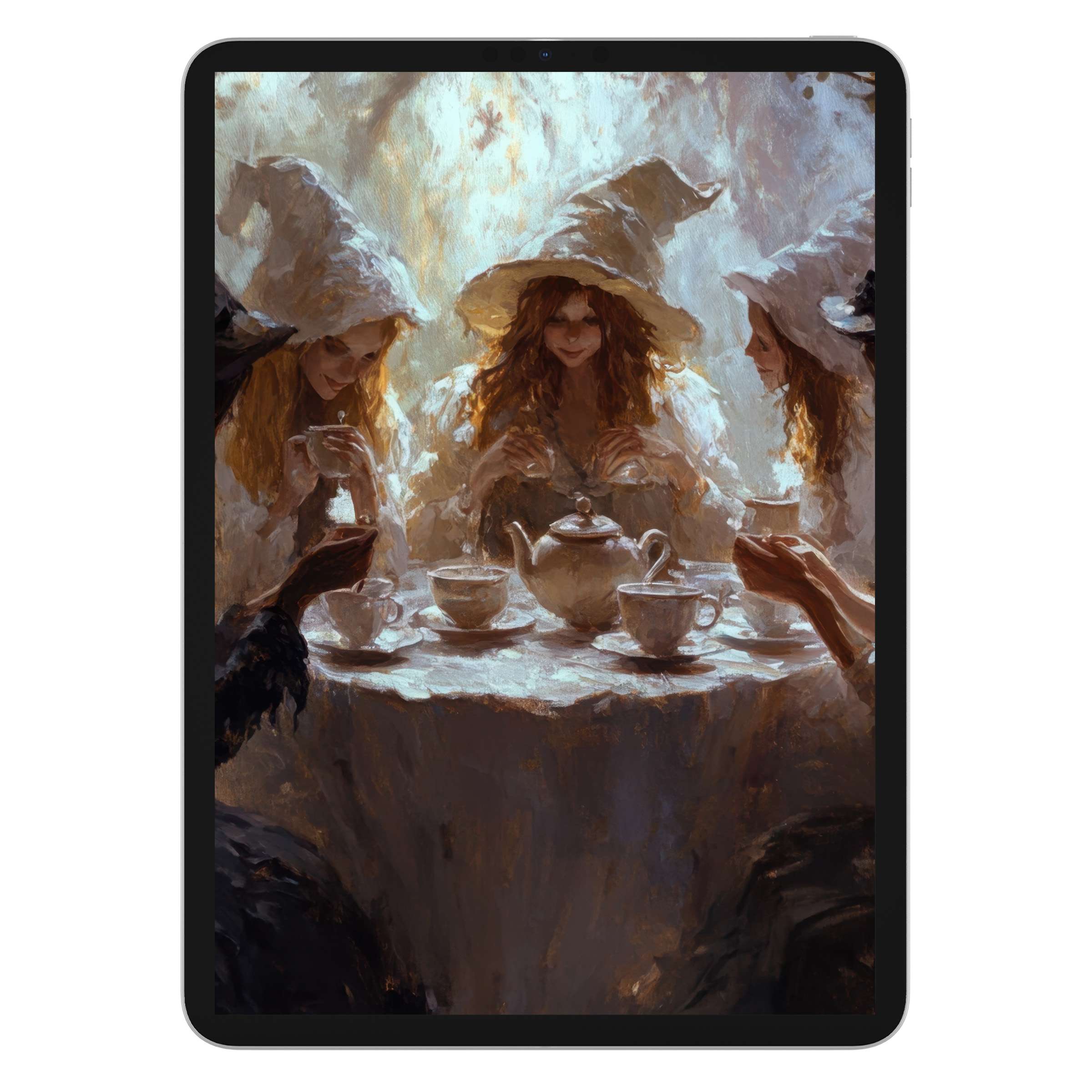 Elegant halloween iPad wallpaper featuring ethereal witches at tea in warm brushstroke style, perfect tablet background for digital download
