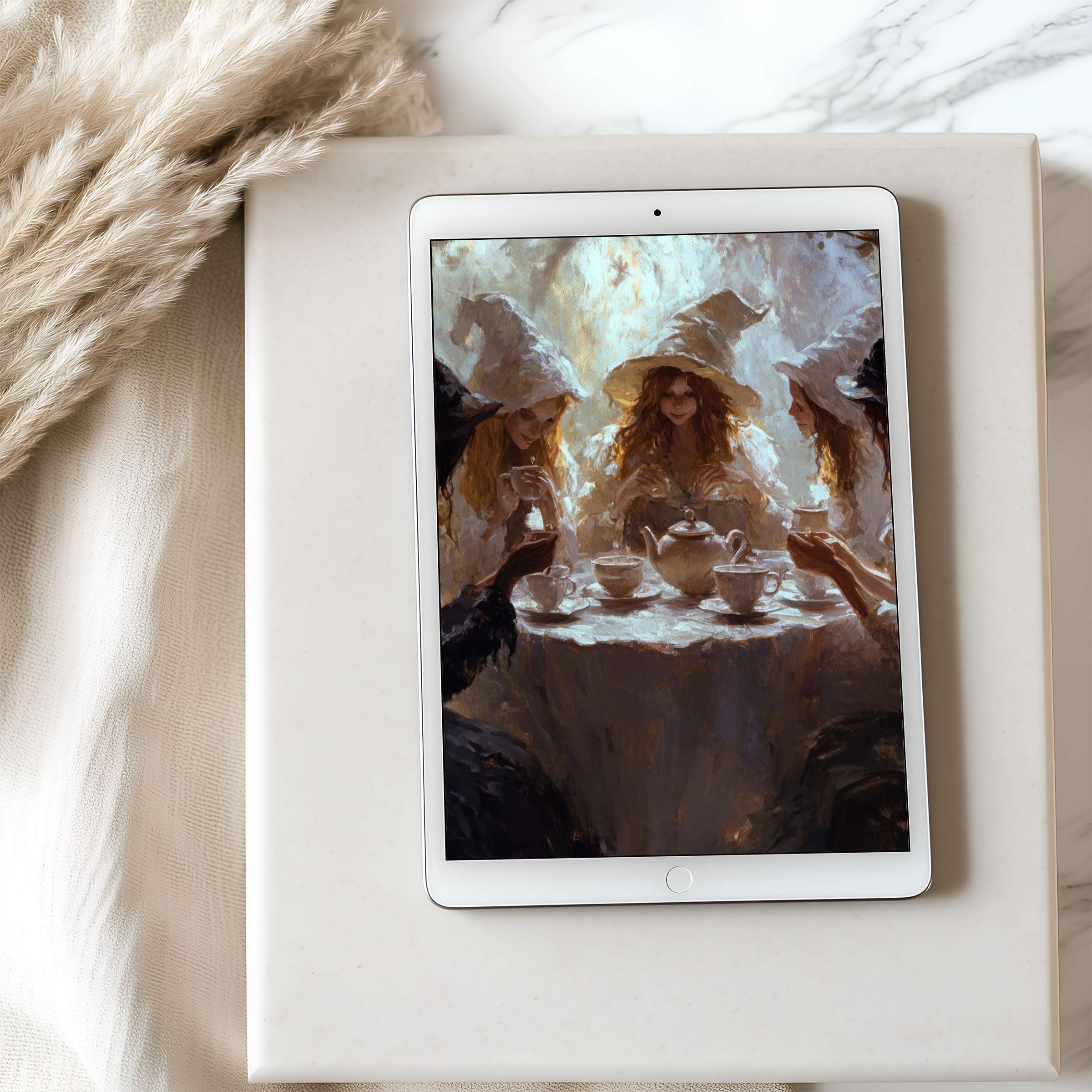 Elegant tablet wallpaper featuring serene tea gathering in soft hues, ideal for iPad and Android tablets, offering high-resolution calm