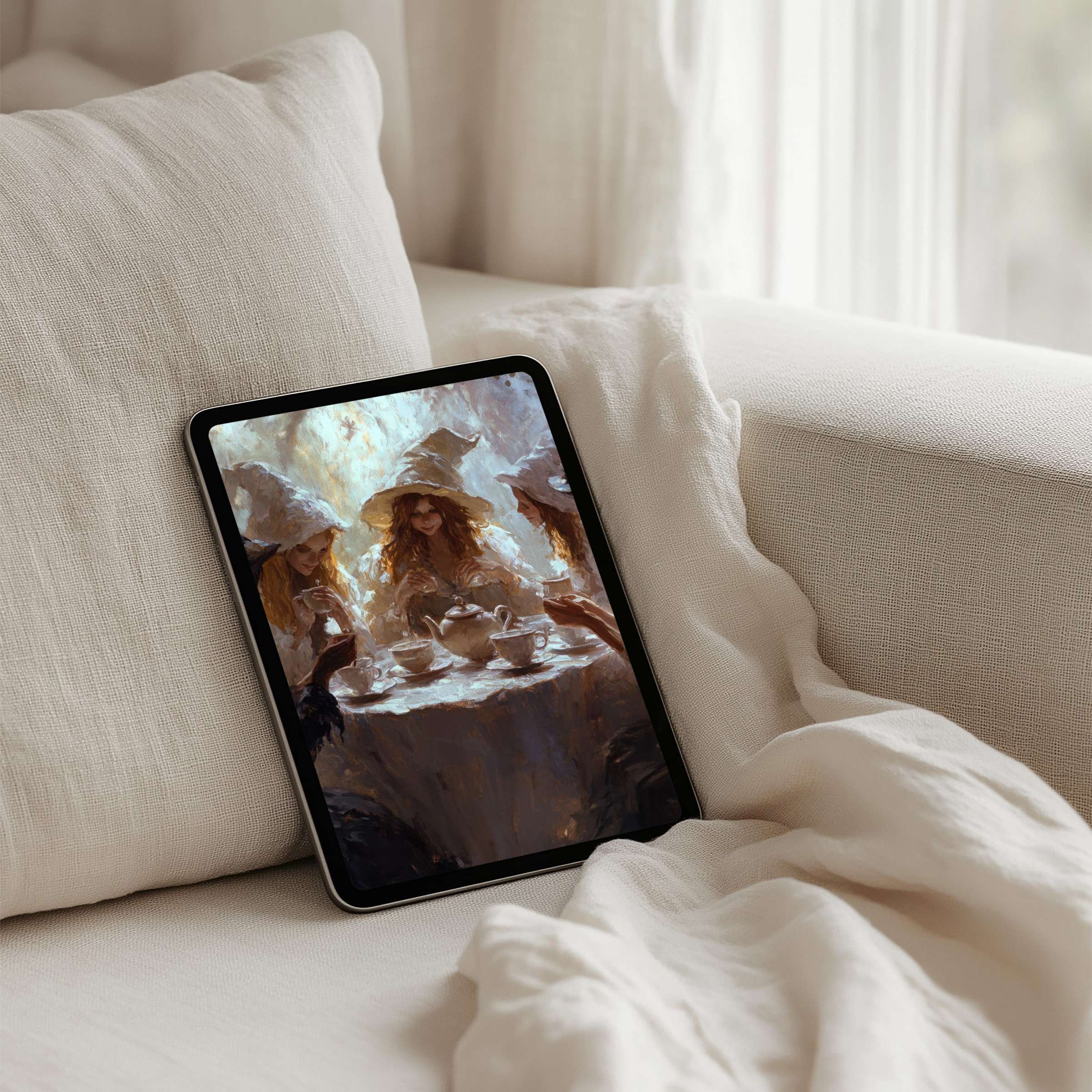 Tranquil iPad background art depicting serene tea ritual brings elegance to your tablet setup with instant download for mindfulness