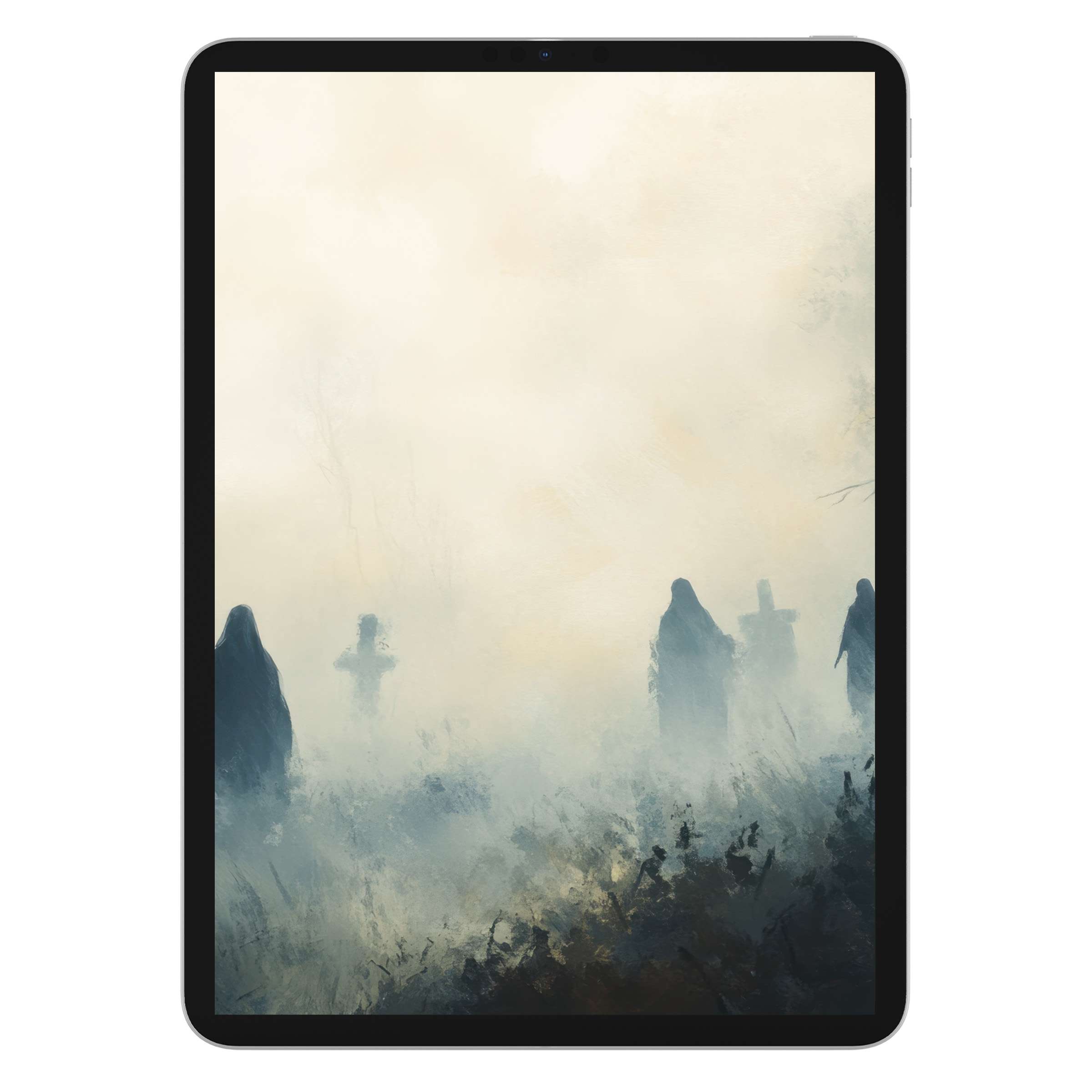 Misty halloween iPad wallpaper features eerie silhouettes in a foggy graveyard, a calming digital download for tablet background needs