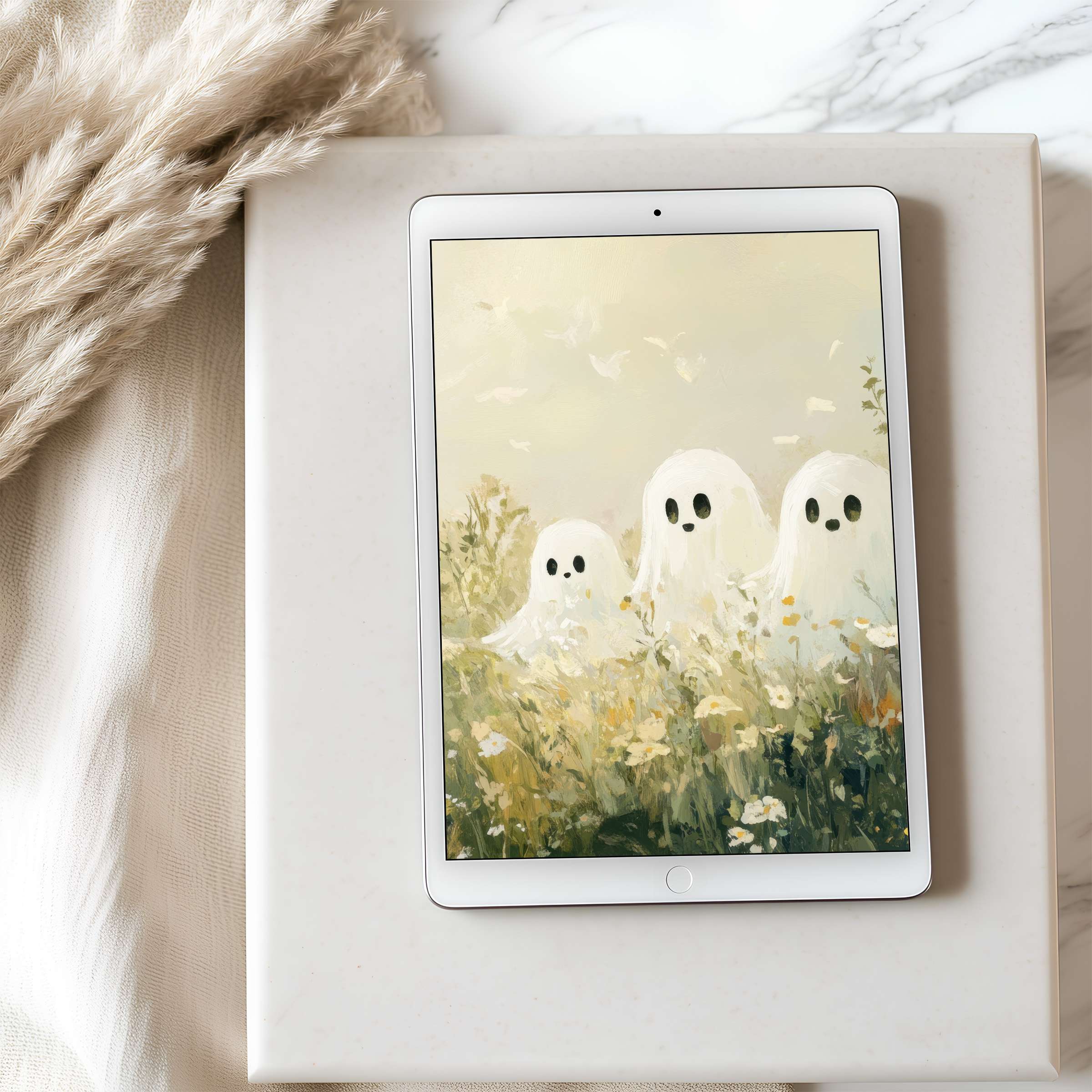 Elegant tablet wallpaper featuring whimsical ghosts in a serene floral field perfect for iPad ambiance and sustainable digital download