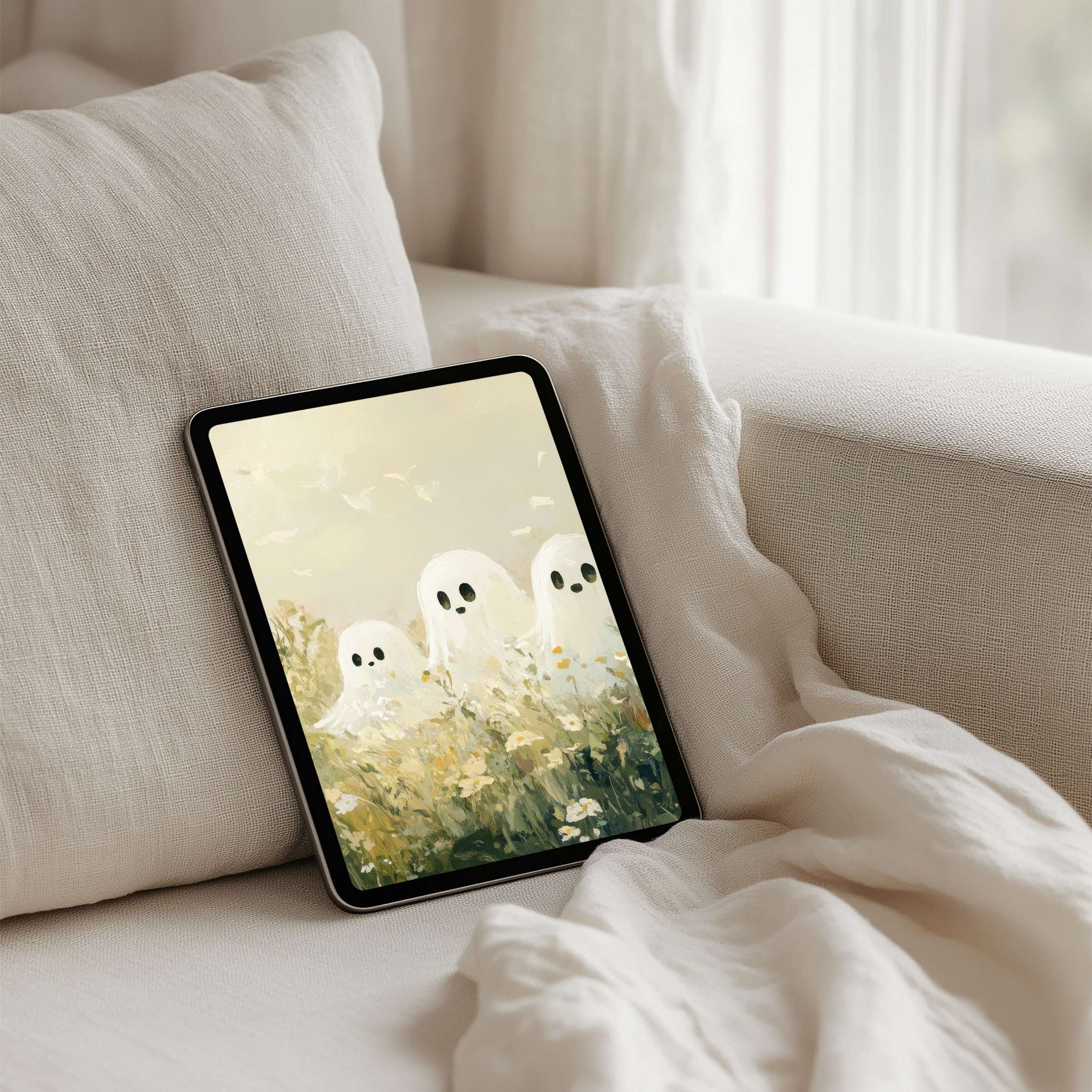 Calming iPad background featuring whimsical ghosts in a serene meadow painting perfect for instant download to your tablet device