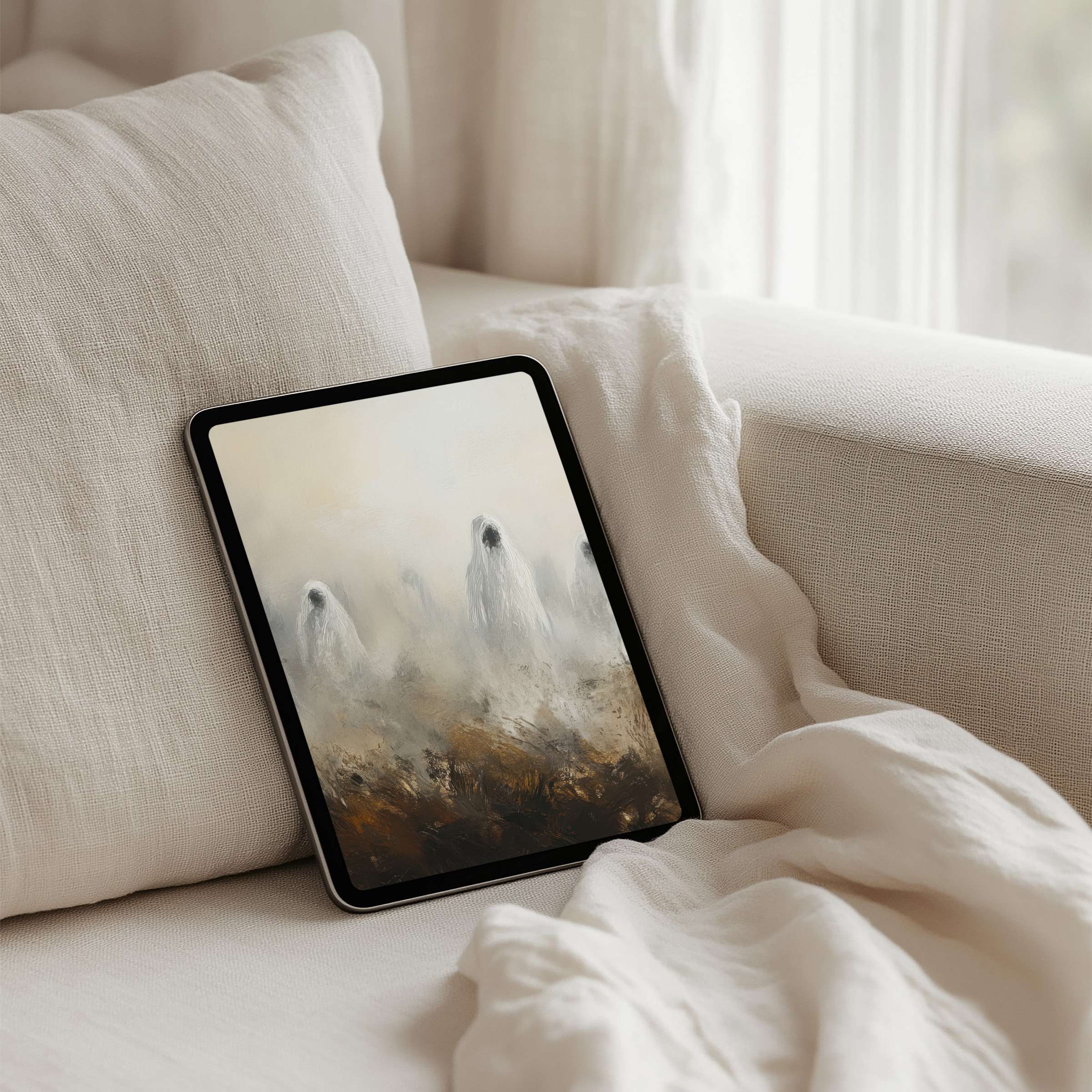 Elegant iPad background with ethereal misty figures evokes calmness and inspiration perfect for instant download on any tablet