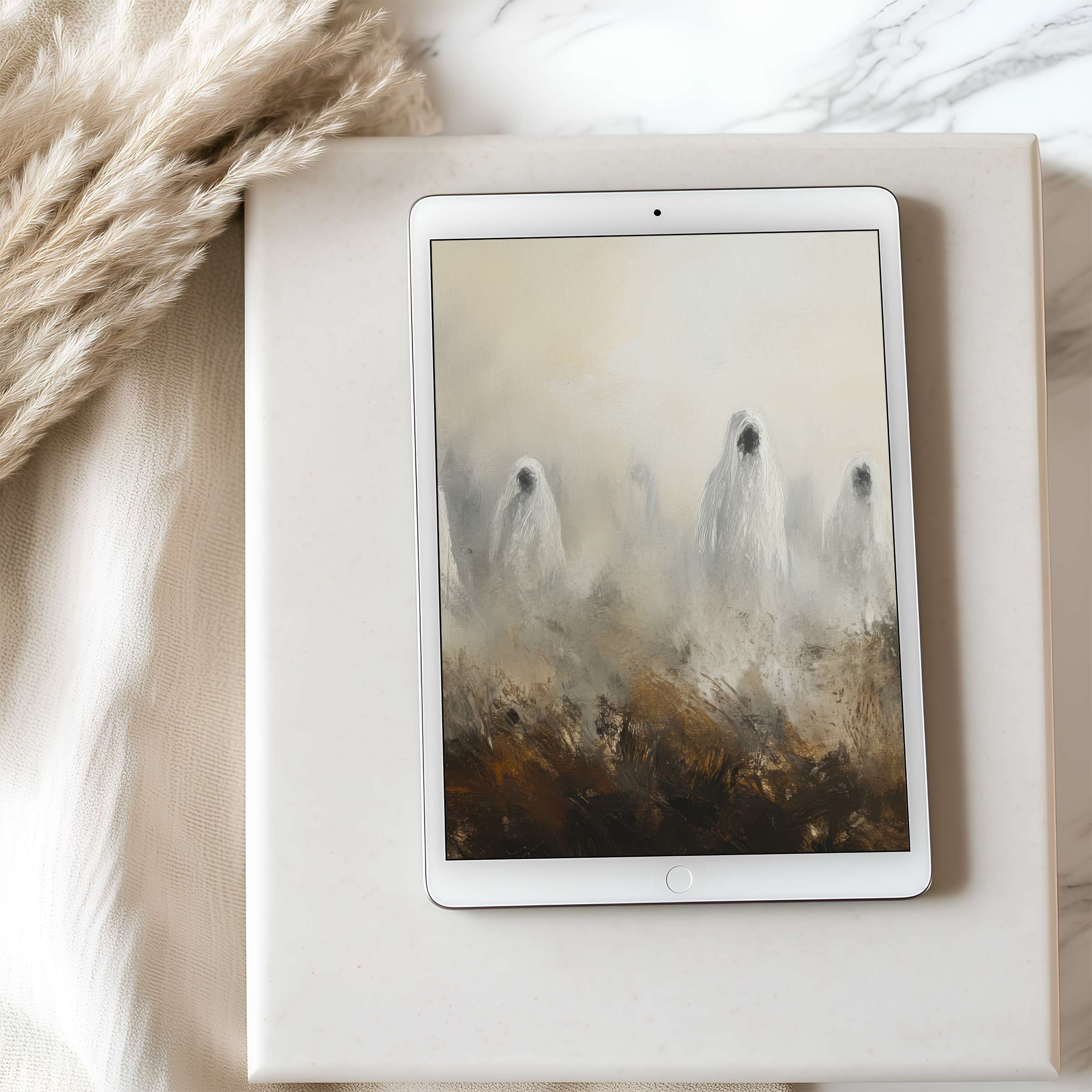 Refined tablet wallpaper featuring ethereal misty figures in serene earth tones, perfect for high resolution iPad and Android digital download