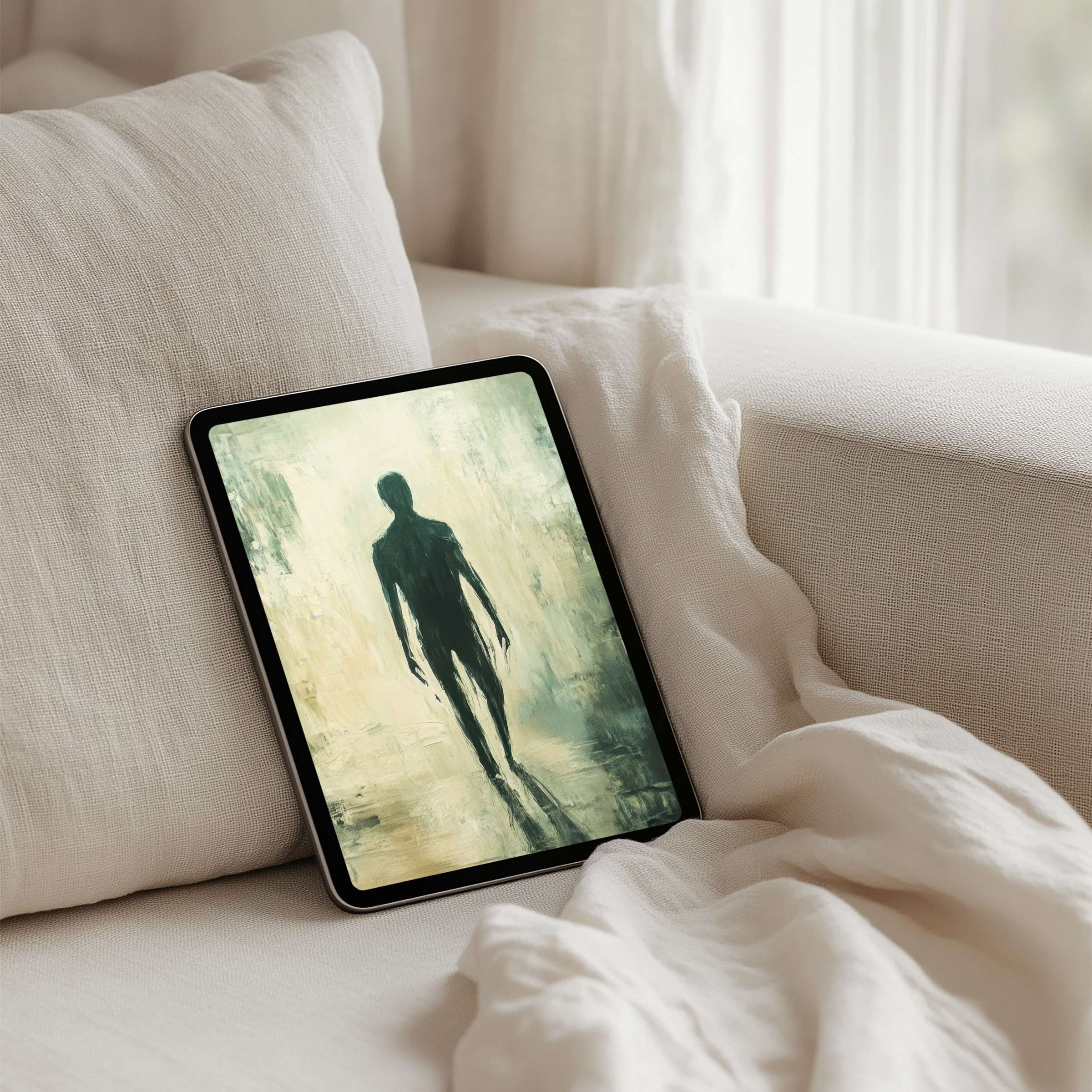 Elegant abstract figure painting in soothing tones on iPad background inspires calm and mindfulness with instant download for any tablet