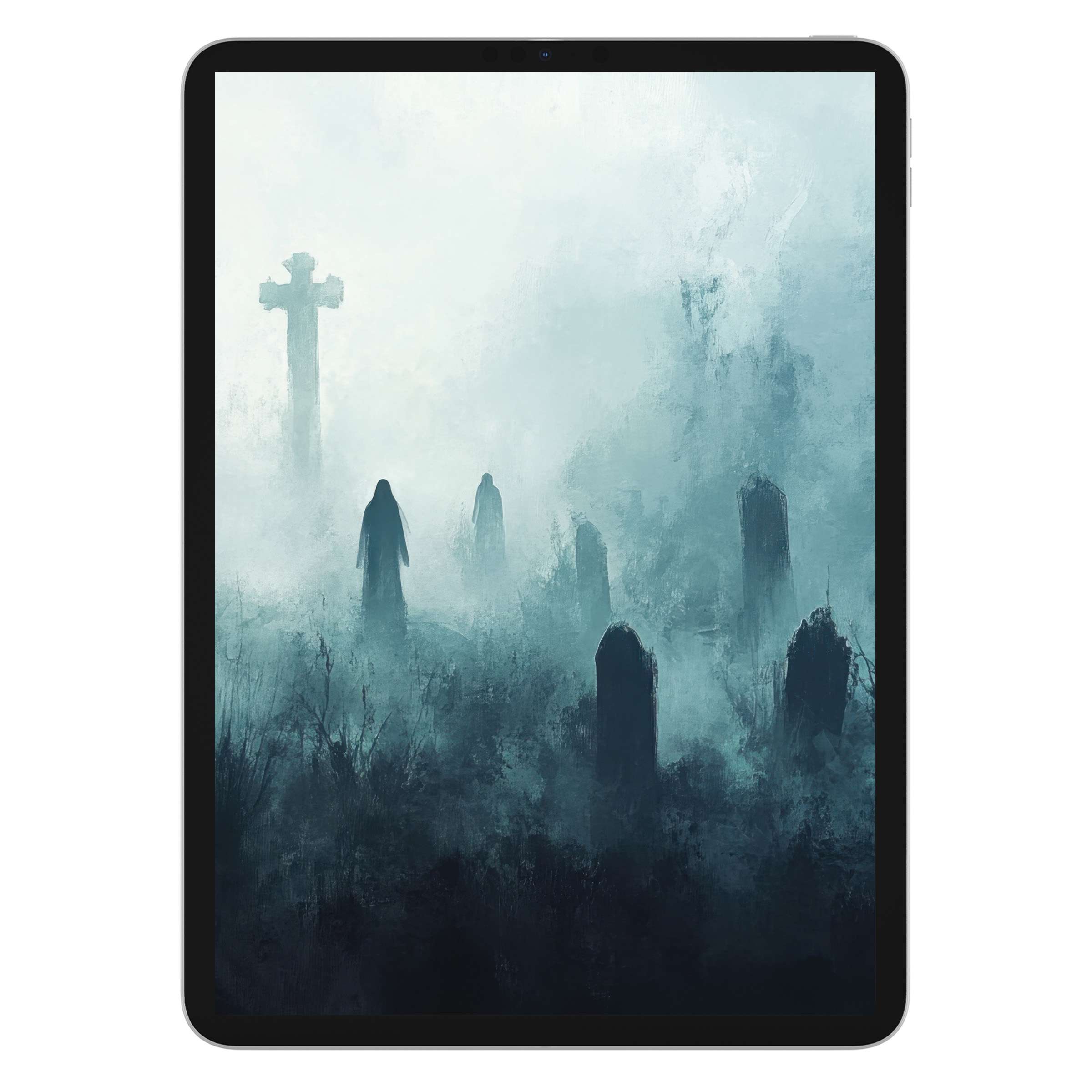 Halloween iPad wallpaper with a misty graveyard scene, perfect digital download for a serene tablet background on iOS and Android