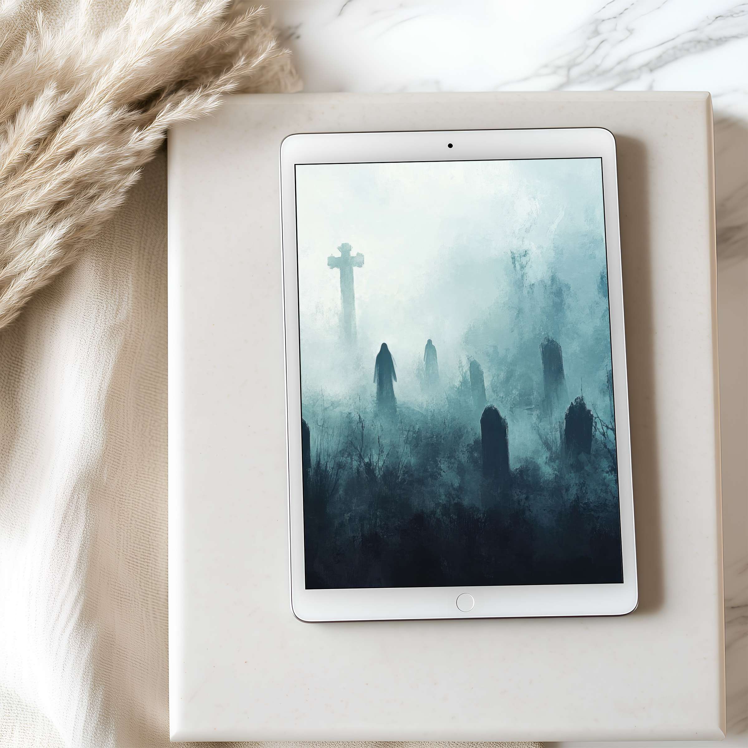 Ethereal blue misty graveyard tablet wallpaper for iPad; inspires peace, curated for serene interiors, digital download available