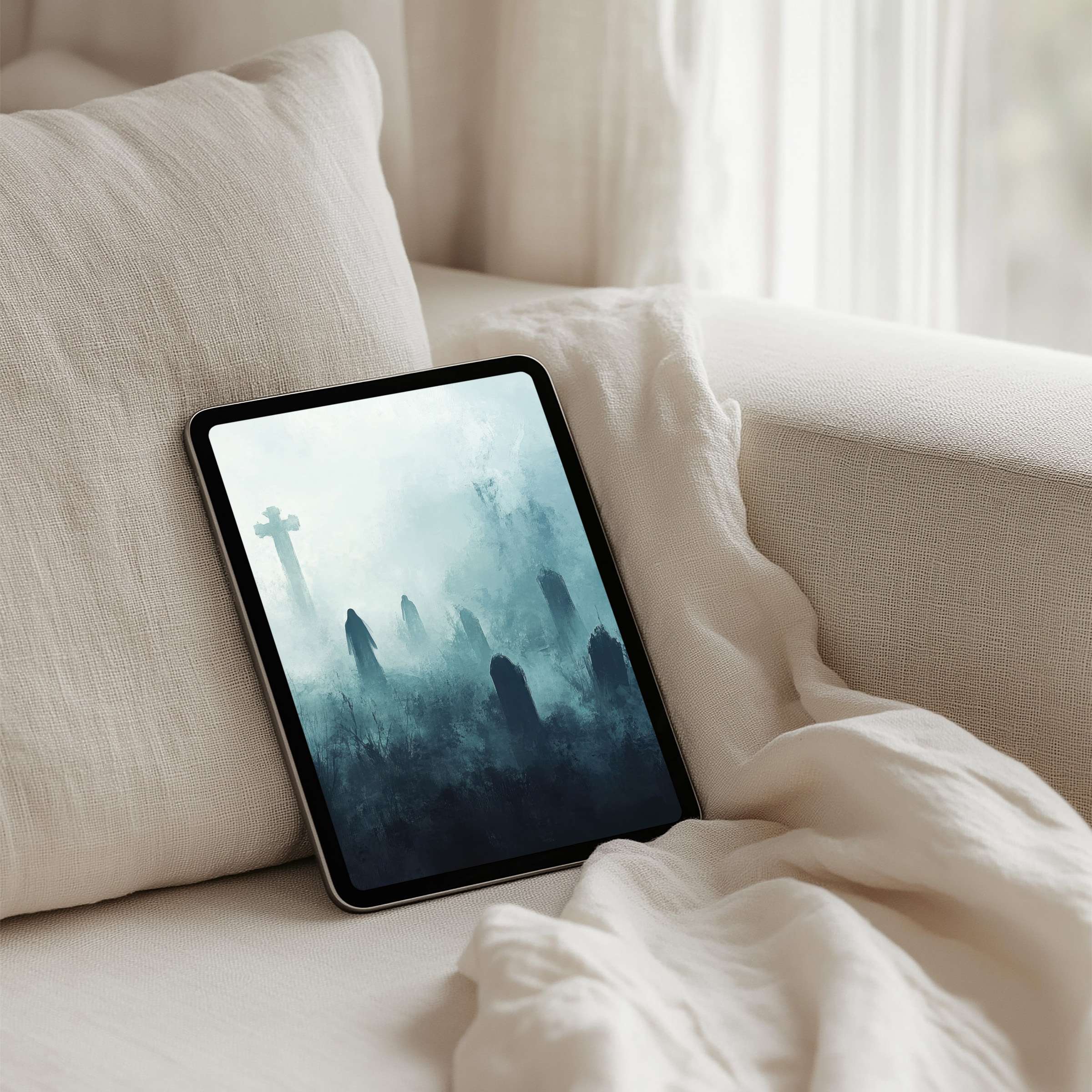 Serene misty digital art as an iPad background offers calm elegance; perfect for tablet users seeking instant download inspiration