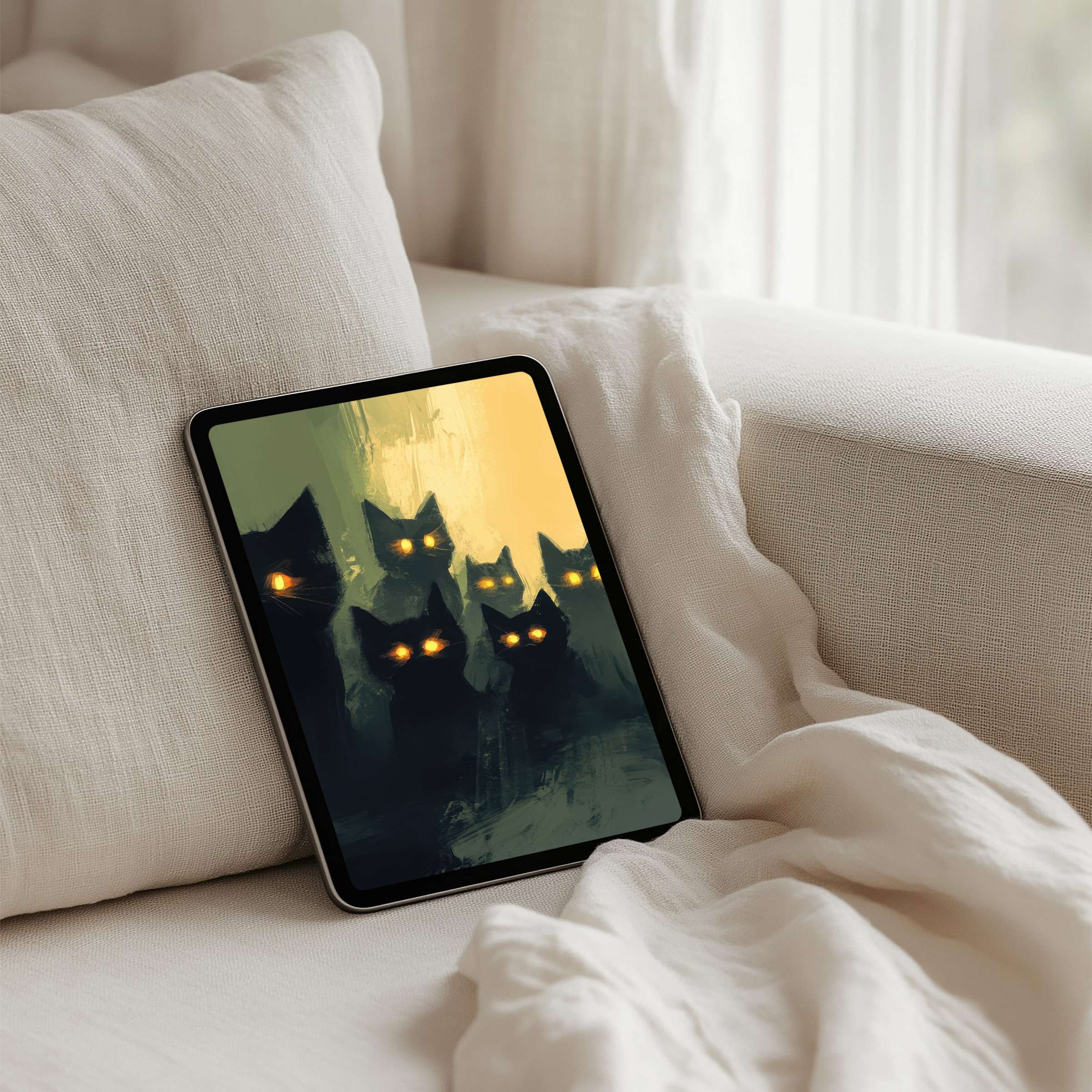 Mystical cat art iPad background on a cream sofa offers instant download for mindful elegance on any tablet