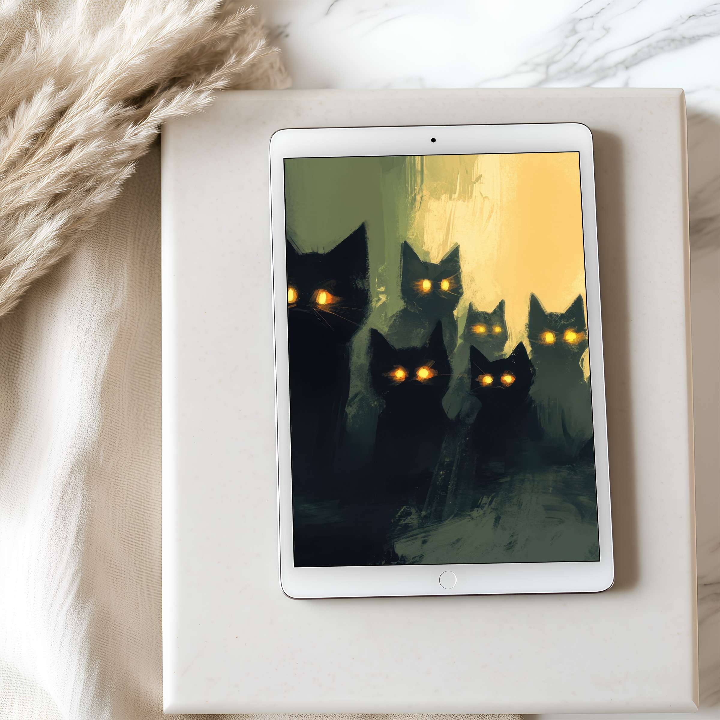 Elegant digital art with black cats, vibrant eyes, graces this high-resolution tablet wallpaper perfect for iPad and Android download