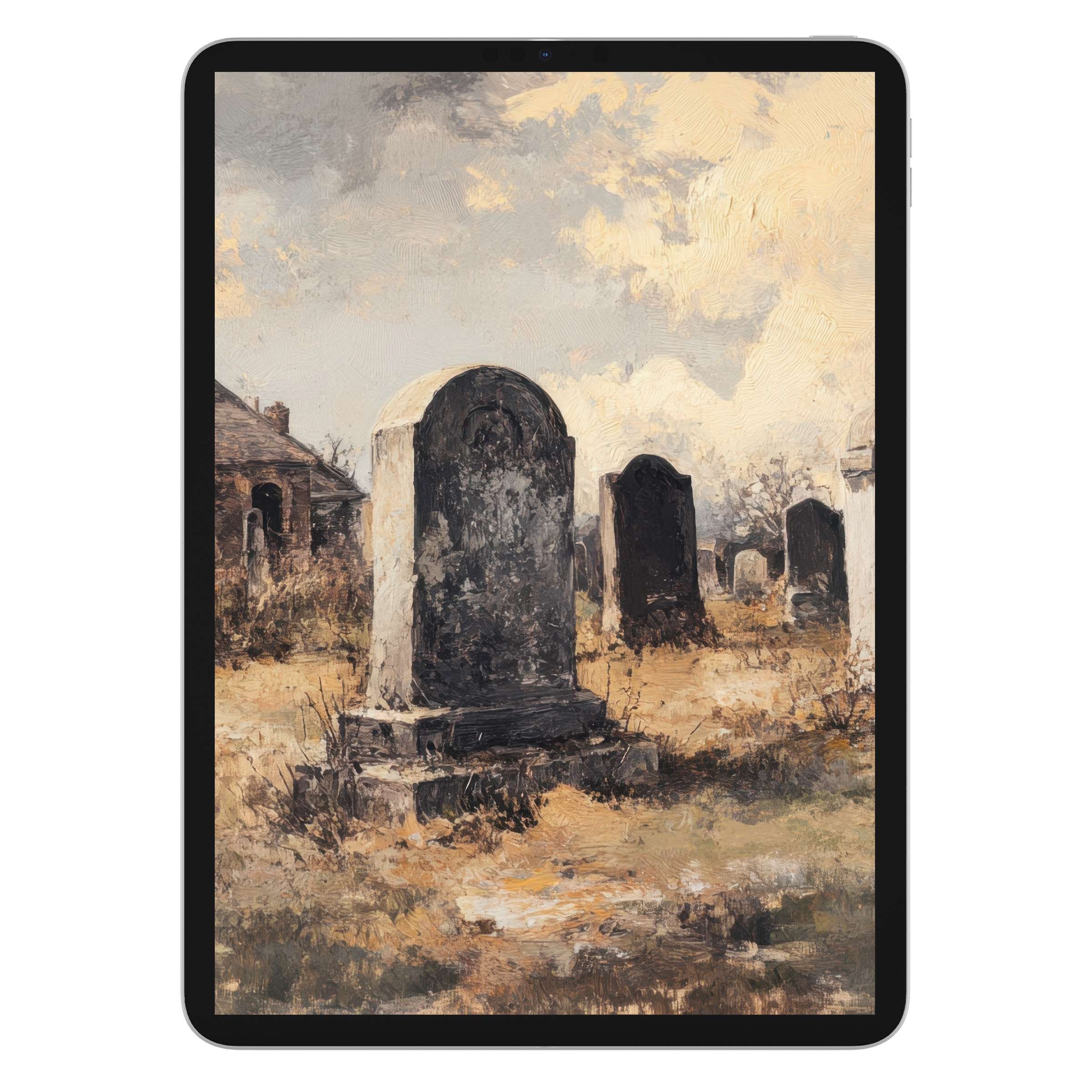 Misty graveyard scene halloween iPad wallpaper with an oil-paint texture offers a serene digital download background for tablets
