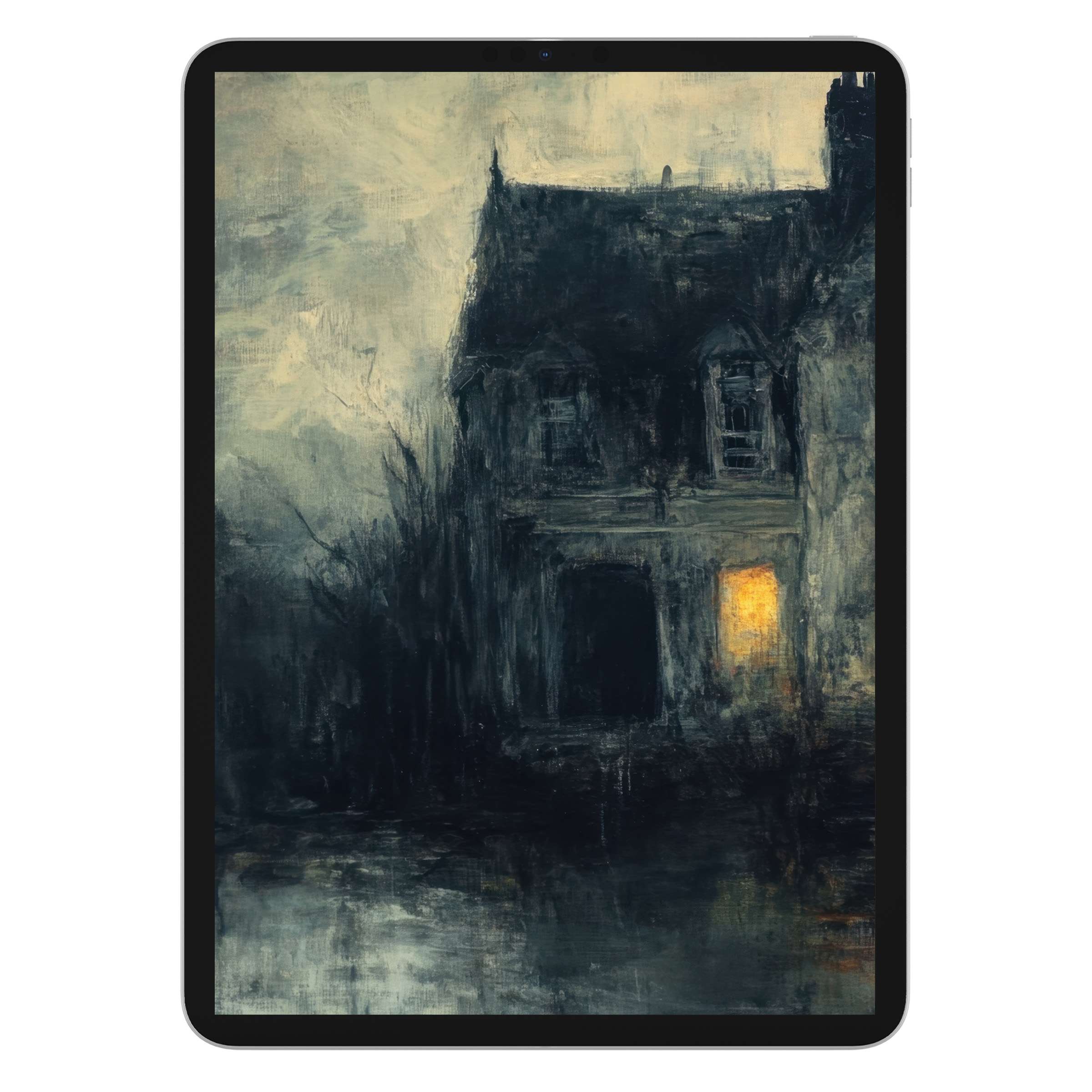 Mysterious halloween iPad wallpaper featuring a dark haunted house painting for tablet background in digital download form tranquility