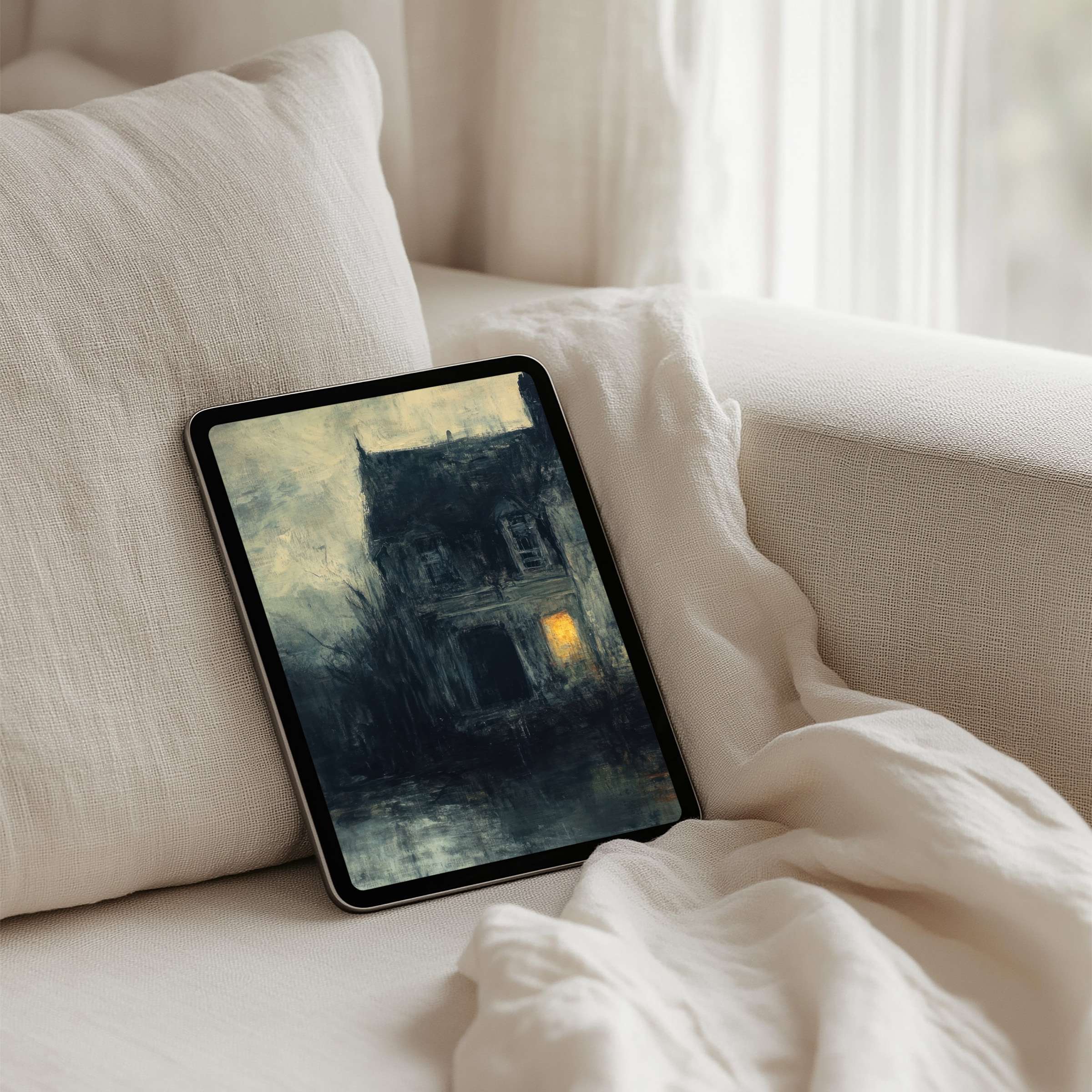 Elegant iPad background featuring a moody, dark painting of a house offers instant download for your tablet’s mindful ambience