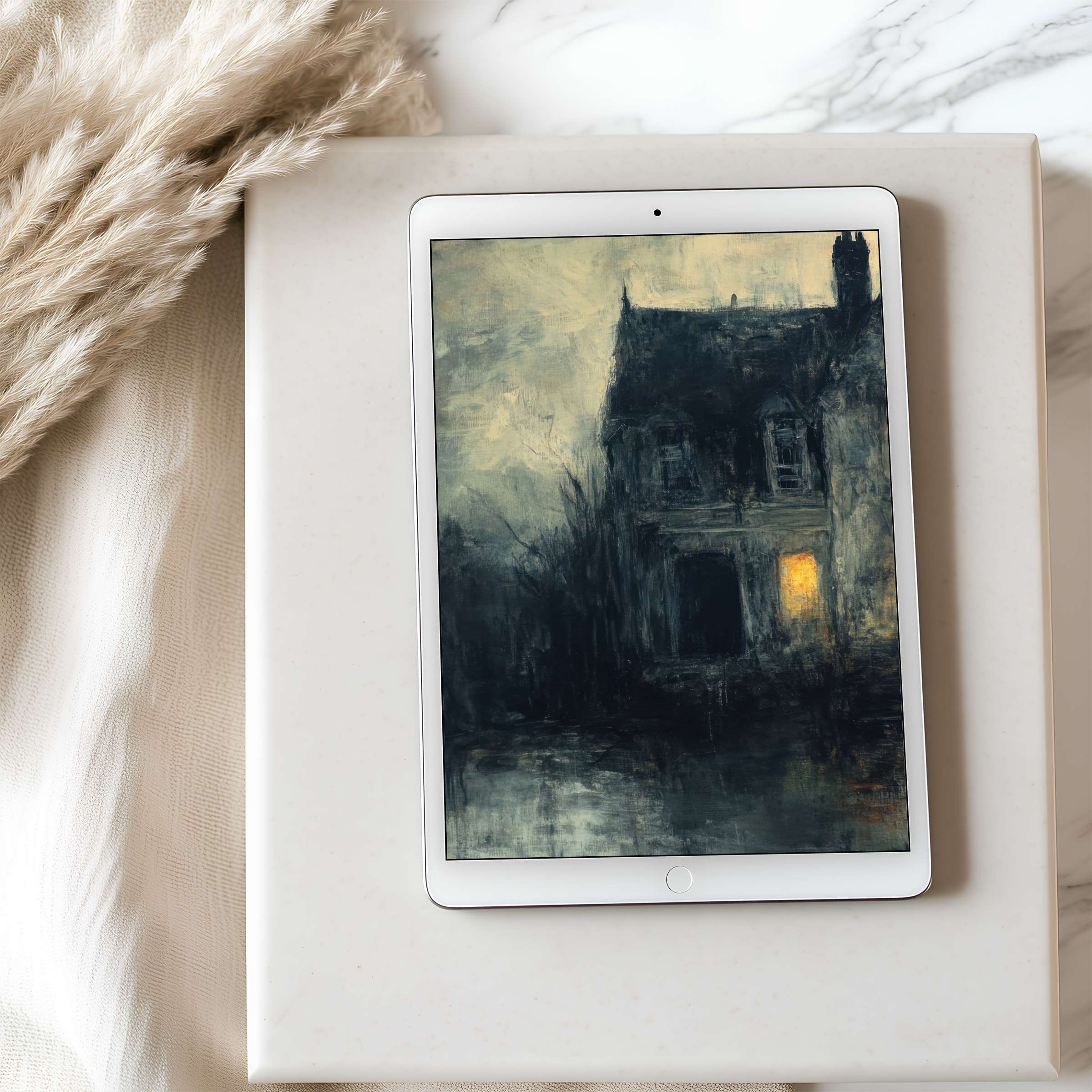 High-resolution tablet wallpaper featuring a mysterious house in moody tones, perfect for iPad and Android, inspiring digital download