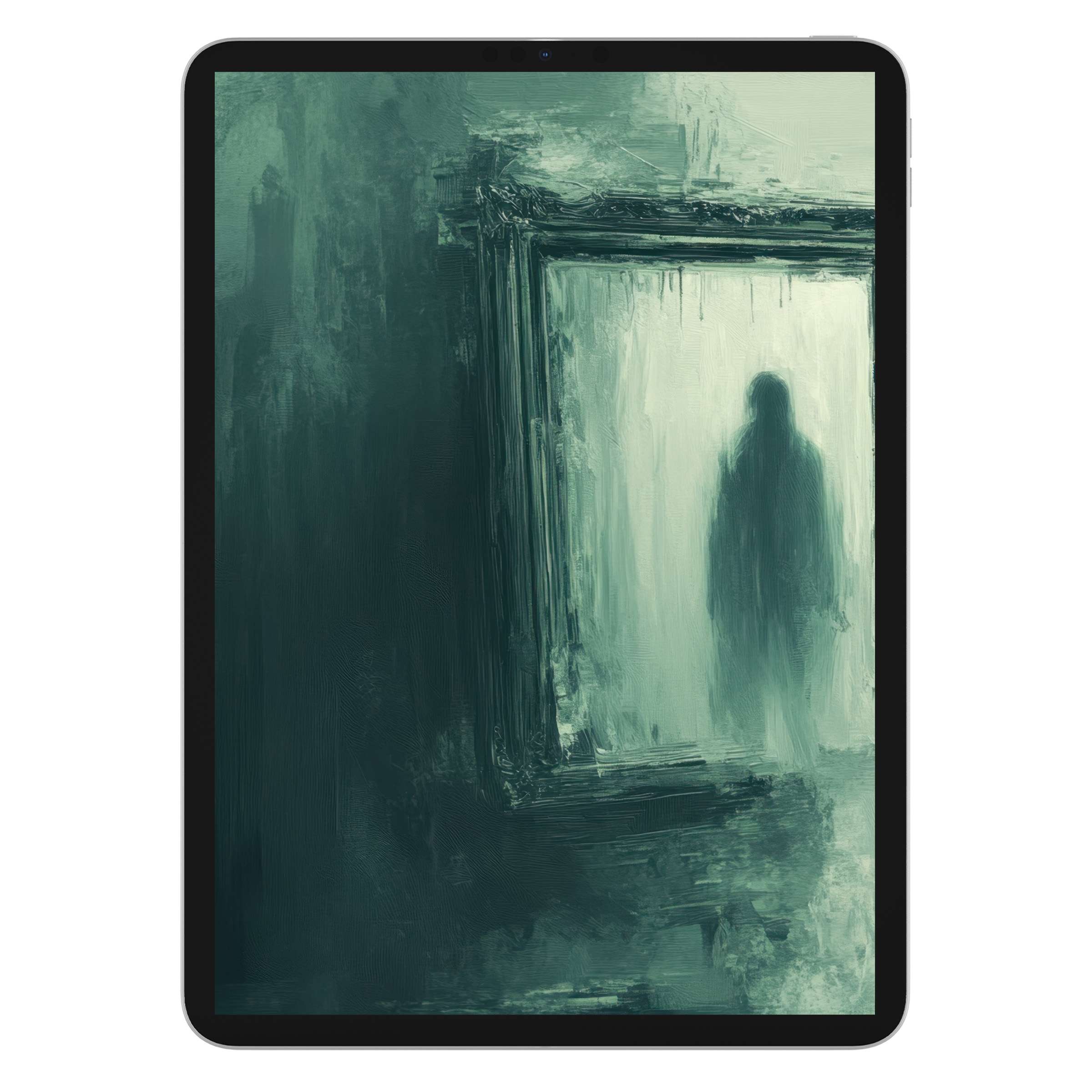 Eerie green digital download of halloween iPad wallpaper with abstract frame and silhouette suitable for any tablet background