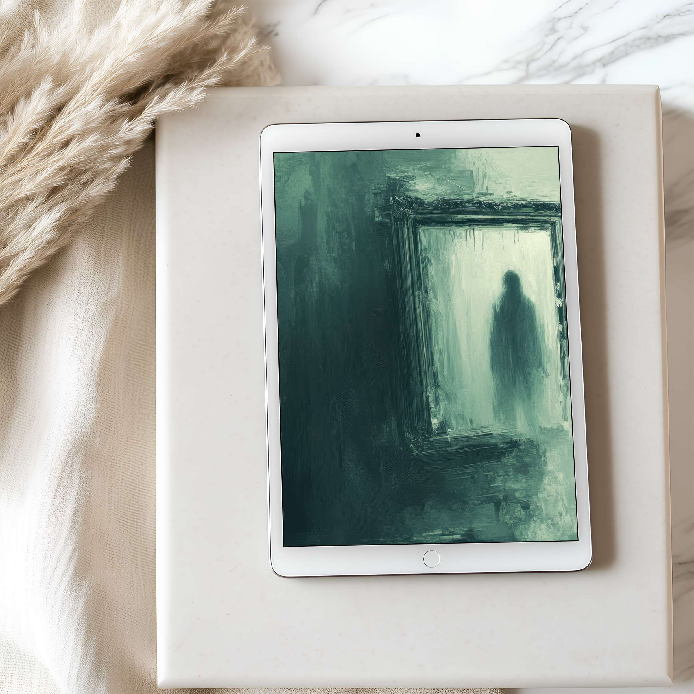 Elegant abstract tablet wallpaper in soothing green hues fits iPad and Android tablets perfectly for high resolution, calming spaces