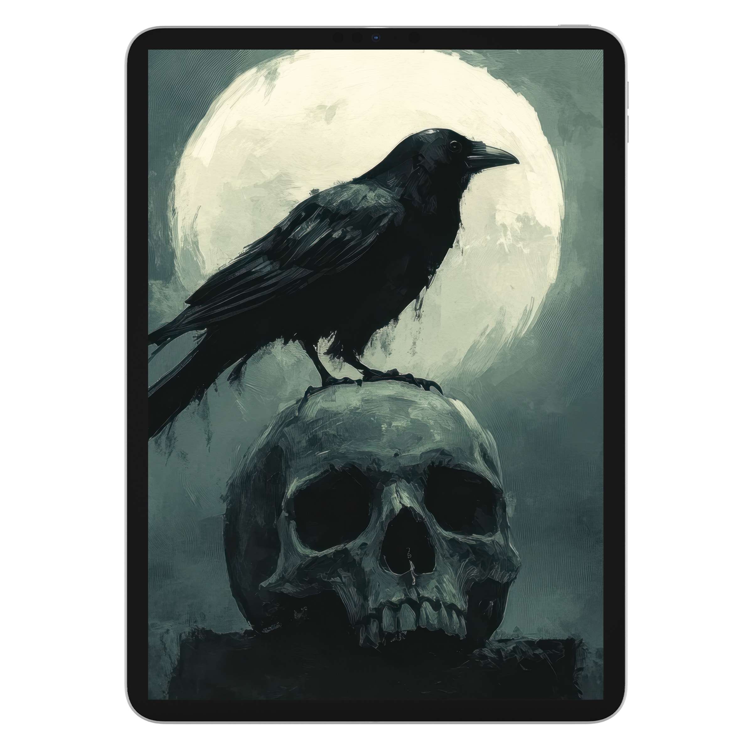 Ethereal halloween iPad wallpaper with a raven on a skull against a moonlit backdrop, perfect tablet background digital download