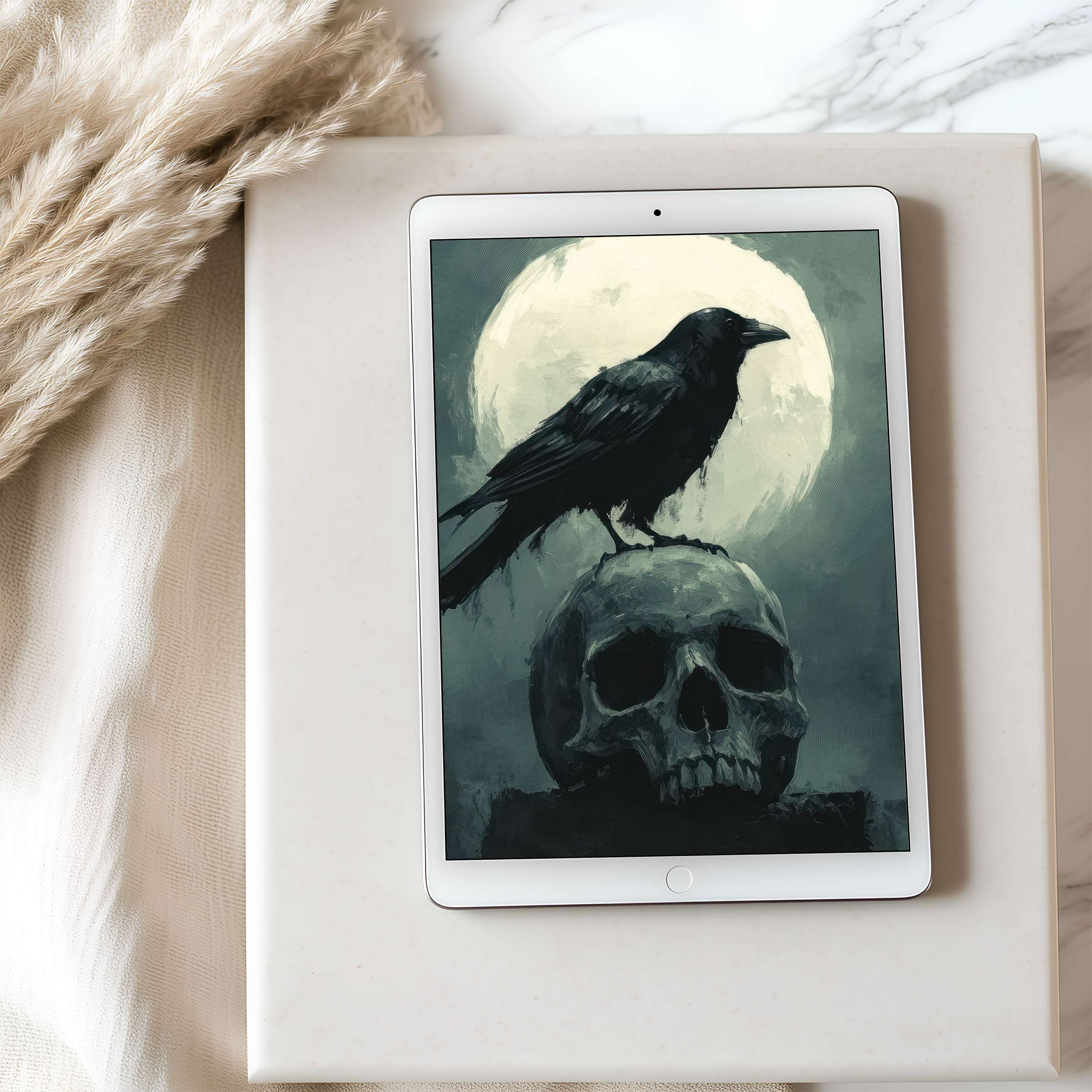 Elegant tablet wallpaper featuring a raven on a skull against a full moon, perfect high resolution for iPad and Android download