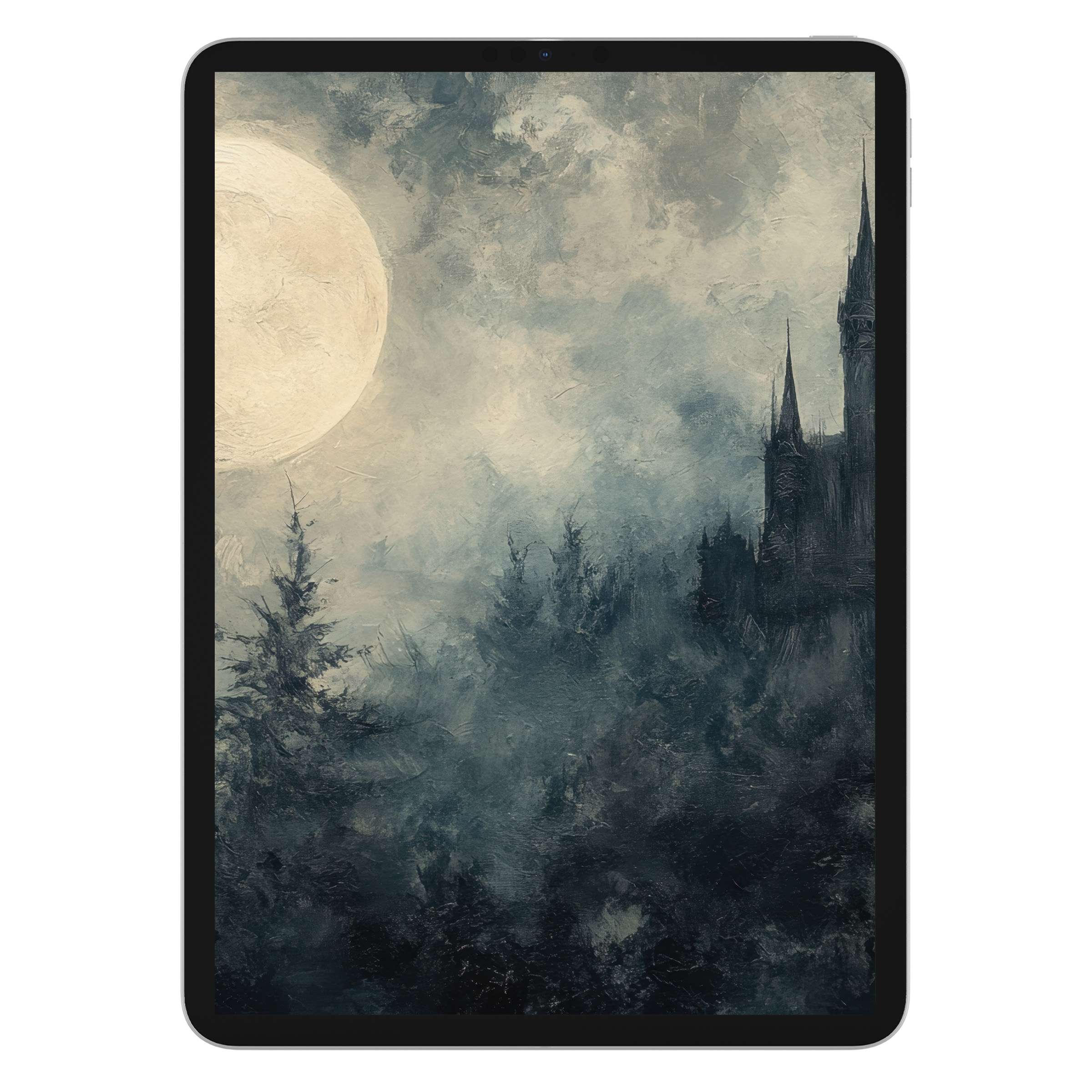 Ethereal halloween iPad wallpaper with misty forest and gothic castle background, perfect digital download for tablet serenity seekers