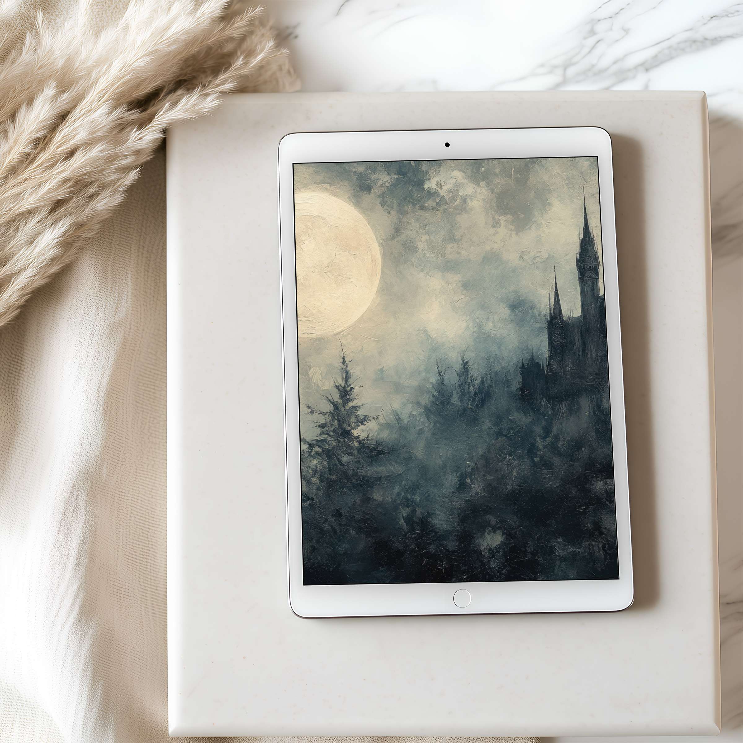 Elegant tablet wallpaper featuring a mystical, high-resolution castle scene in moonlit blues and grays, perfect for iPad or Android tablets