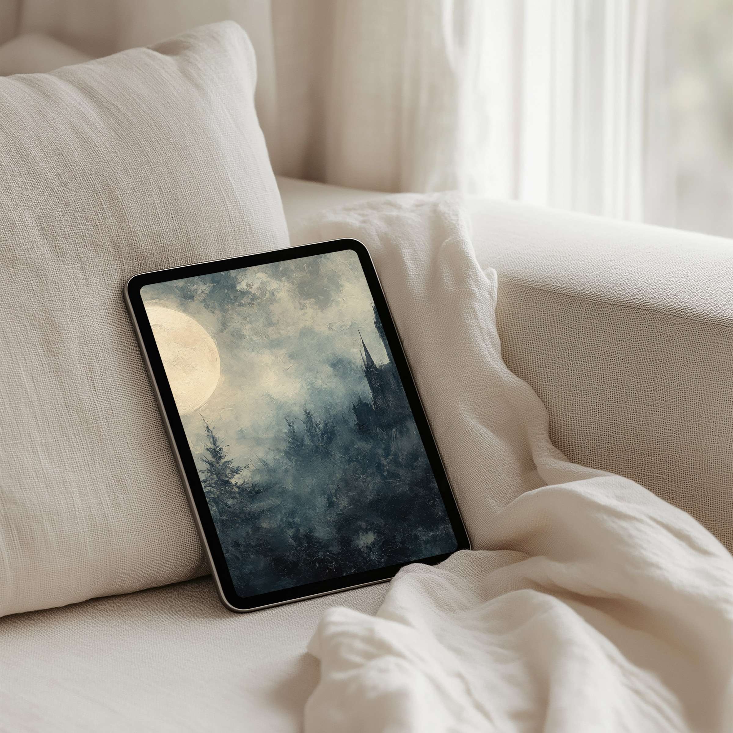 Misty forest and moonlit sky create a calm iPad background for instant download on tablets inspiring elegance and mindfulness