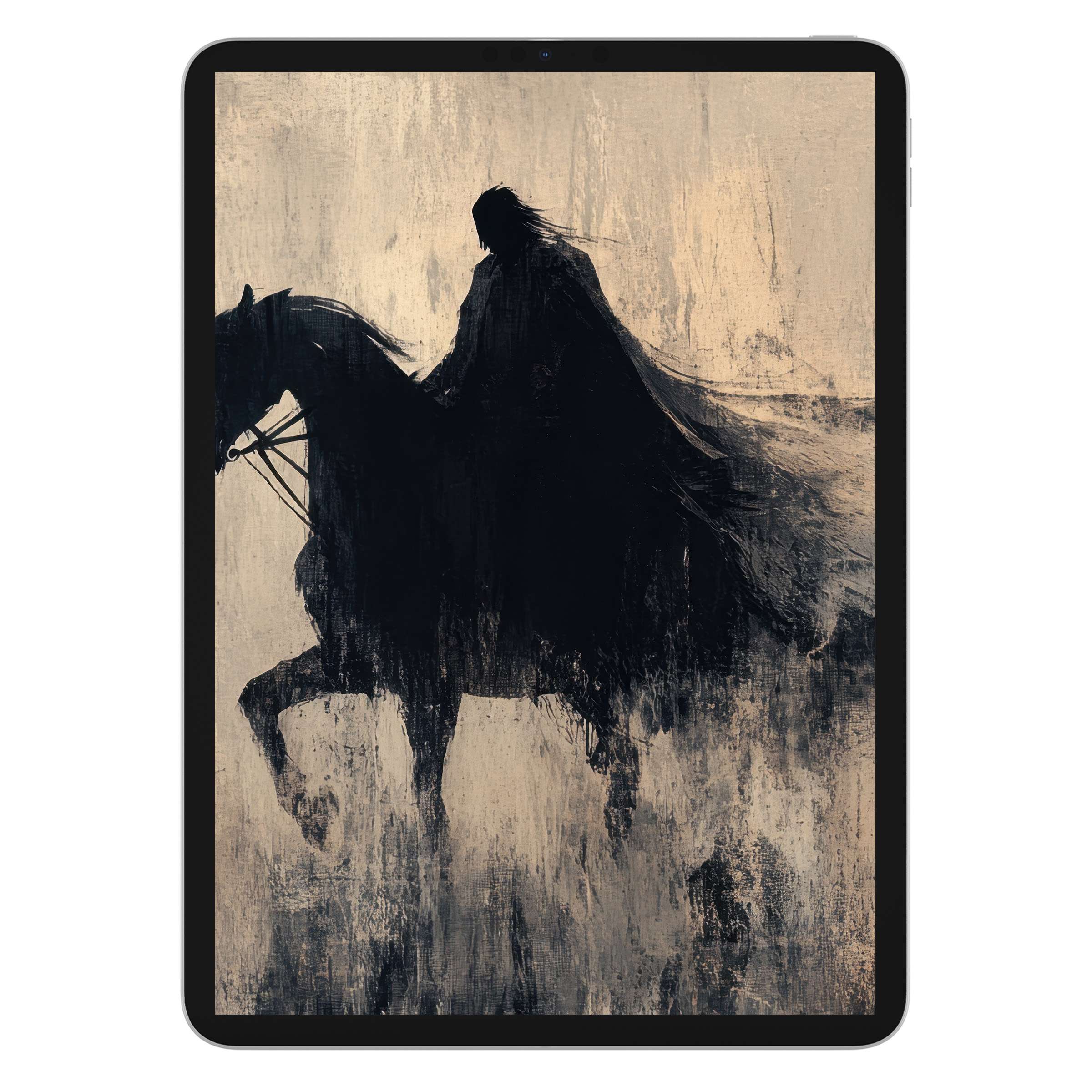Abstract dark silhouette of a rider on horseback sets a mysterious Halloween iPad wallpaper background for tablet digital download