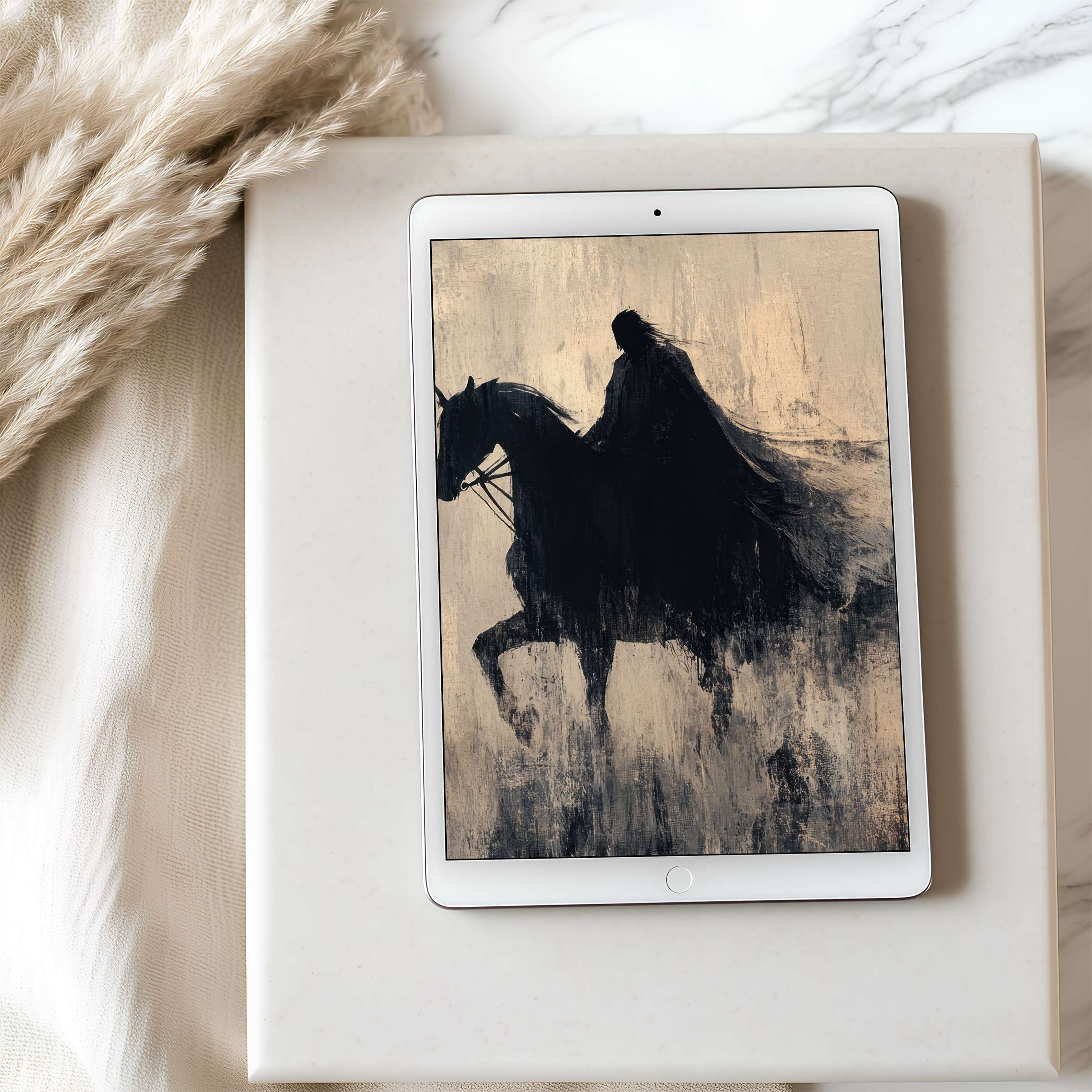 Elegant high-resolution tablet wallpaper with a minimalist horse silhouette painting, perfect for a serene digital download on iPad or Android