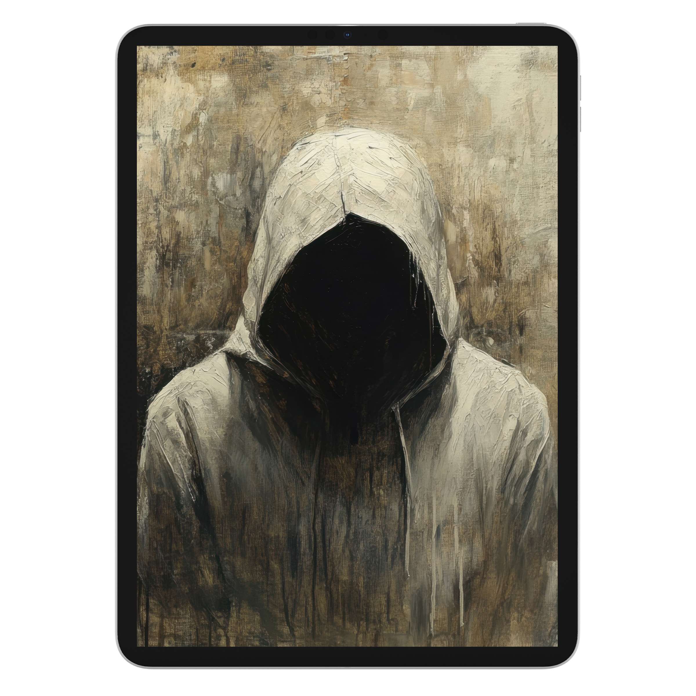 Mysterious halloween iPad wallpaper featuring a hooded figure, perfect digital download for a serene tablet background design