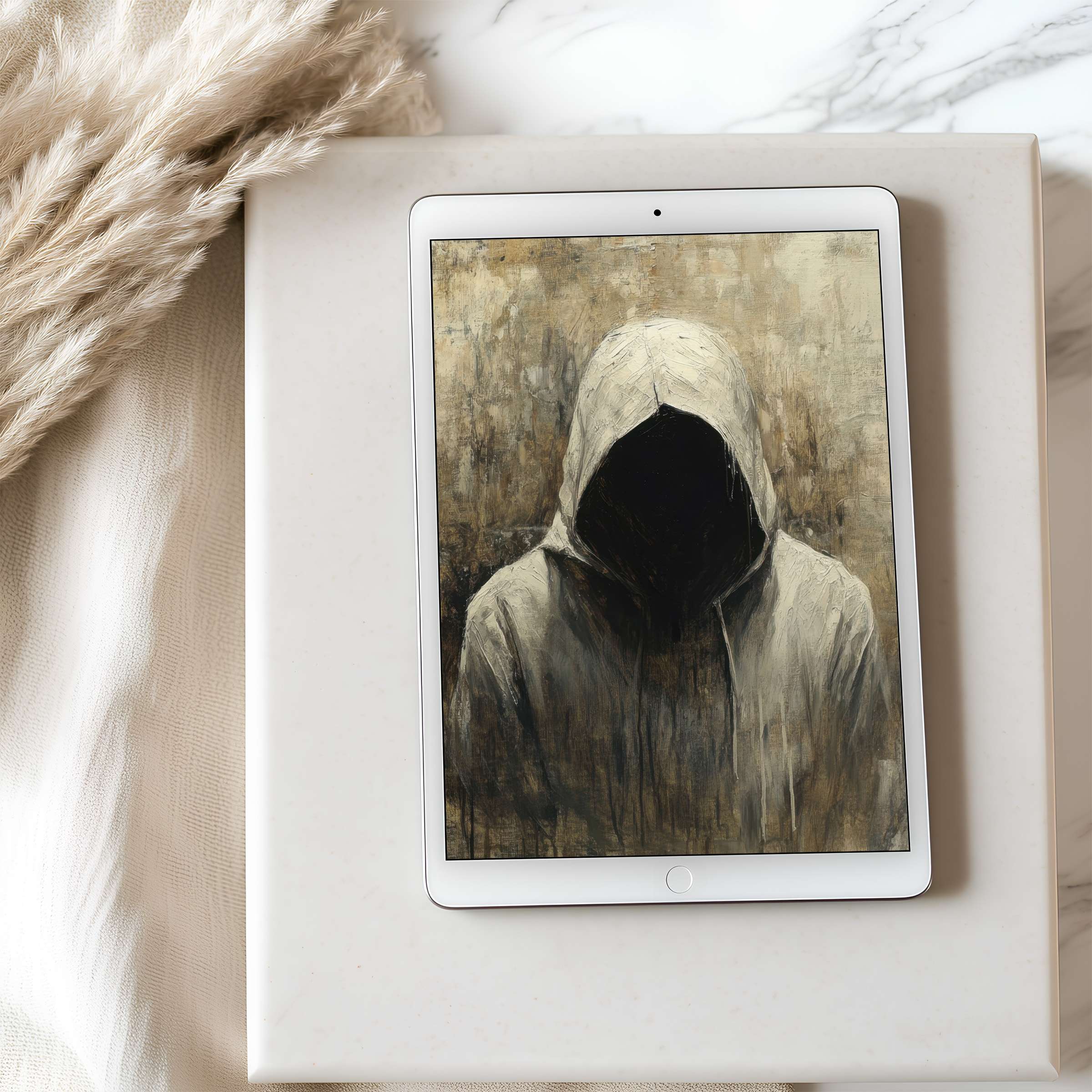Mysterious tablet wallpaper depicting a hooded figure in earthy tones perfect for iPad high resolution and Android digital download