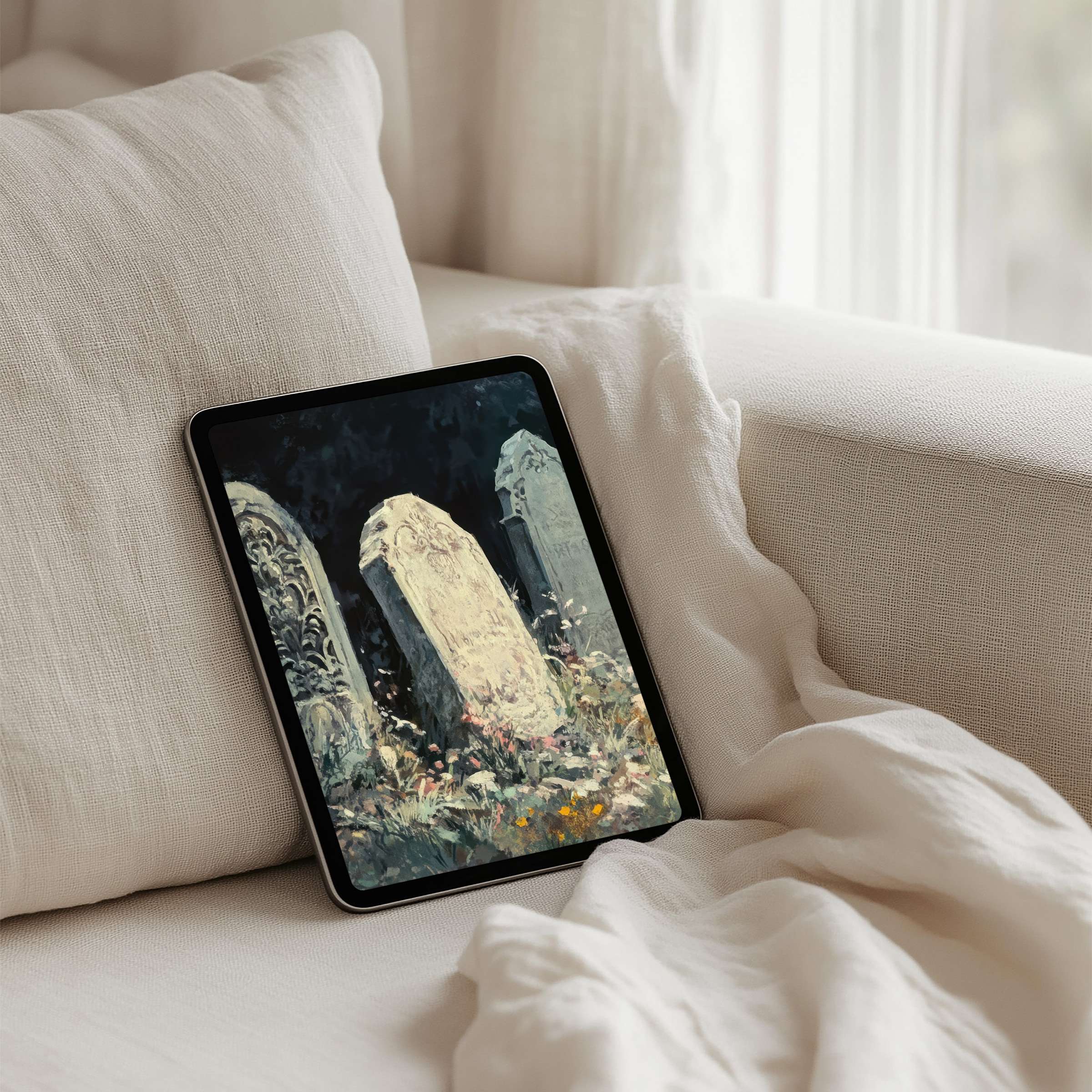Elegant iPad background art depicting serene gravestones in a peaceful setting available for instant download on any tablet