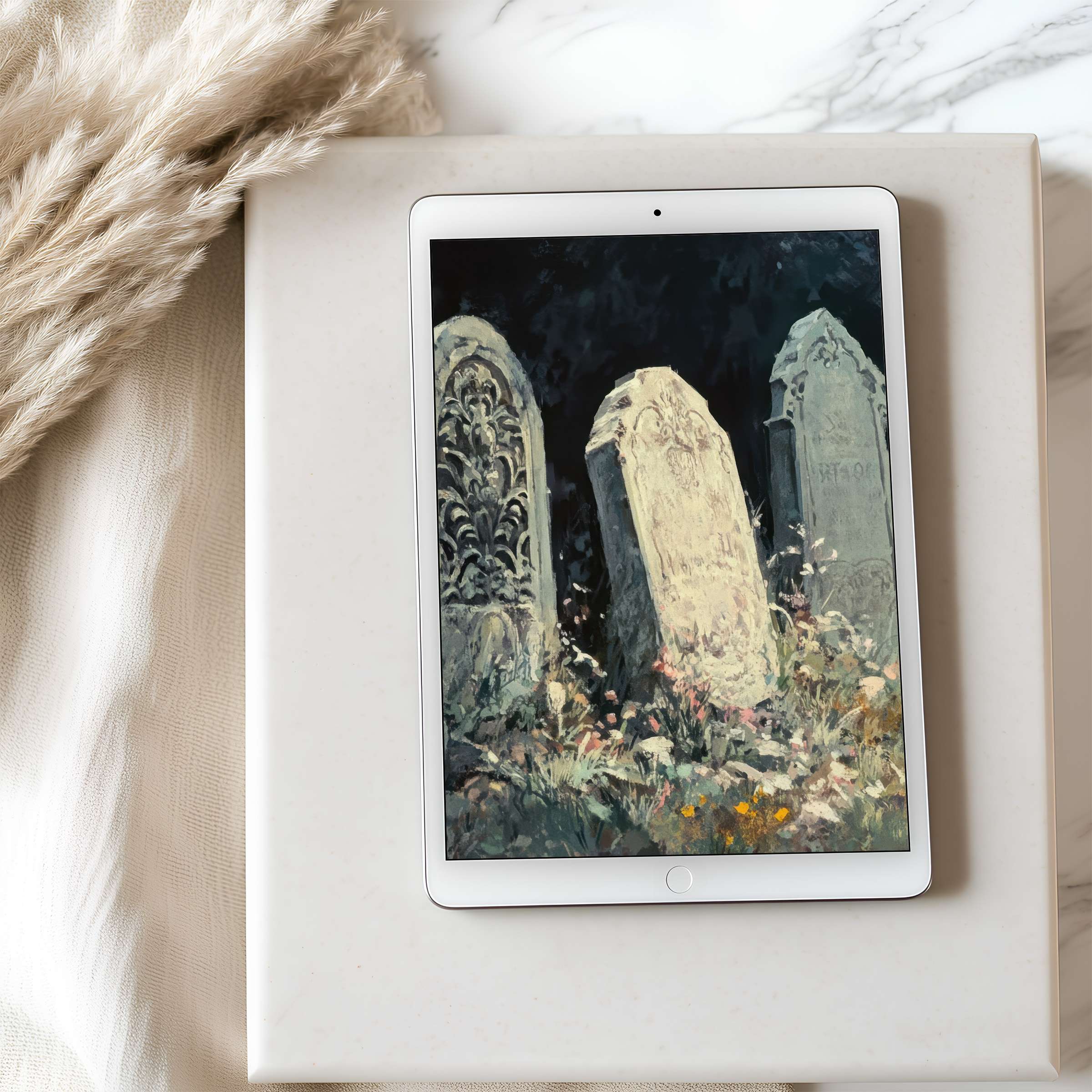 Elegant tablet wallpaper featuring serene, hand-painted stone relics set against a dark backdrop, perfect for high resolution digital download on iPad
