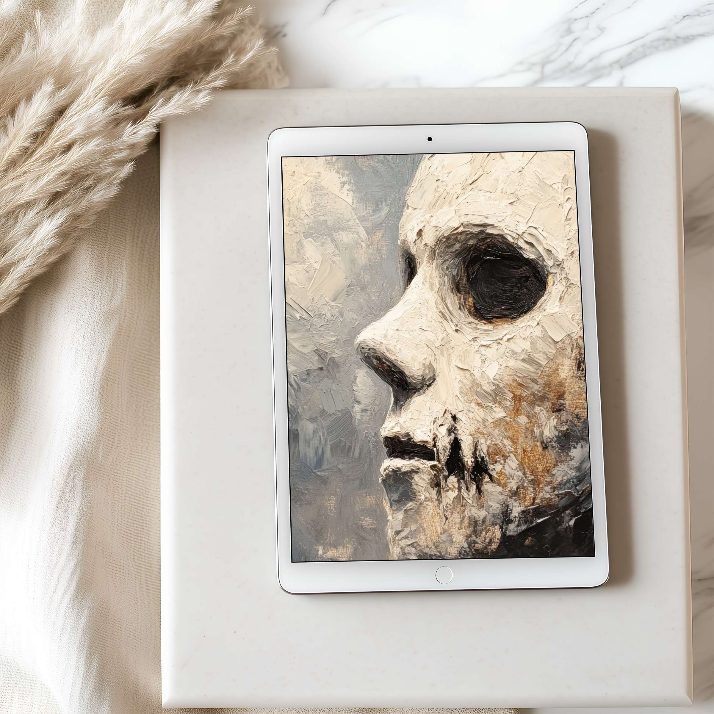 Vintage-inspired abstract face painting as a tablet wallpaper on an iPad set against a soft, natural background for calm interiors