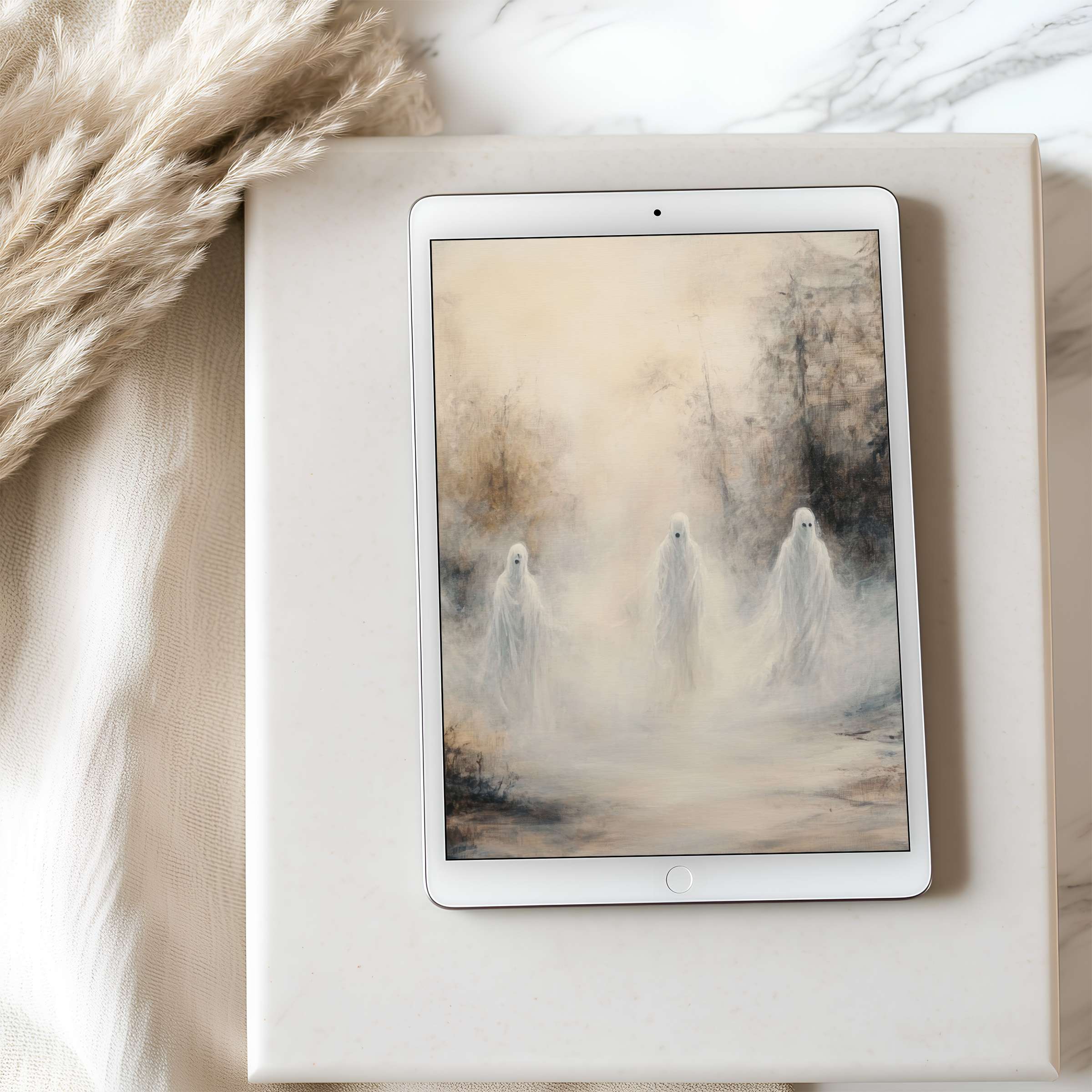 Elegant tablet wallpaper featuring serene ghostly figures amidst misty woods evokes calm, perfect for high-resolution iPad download
