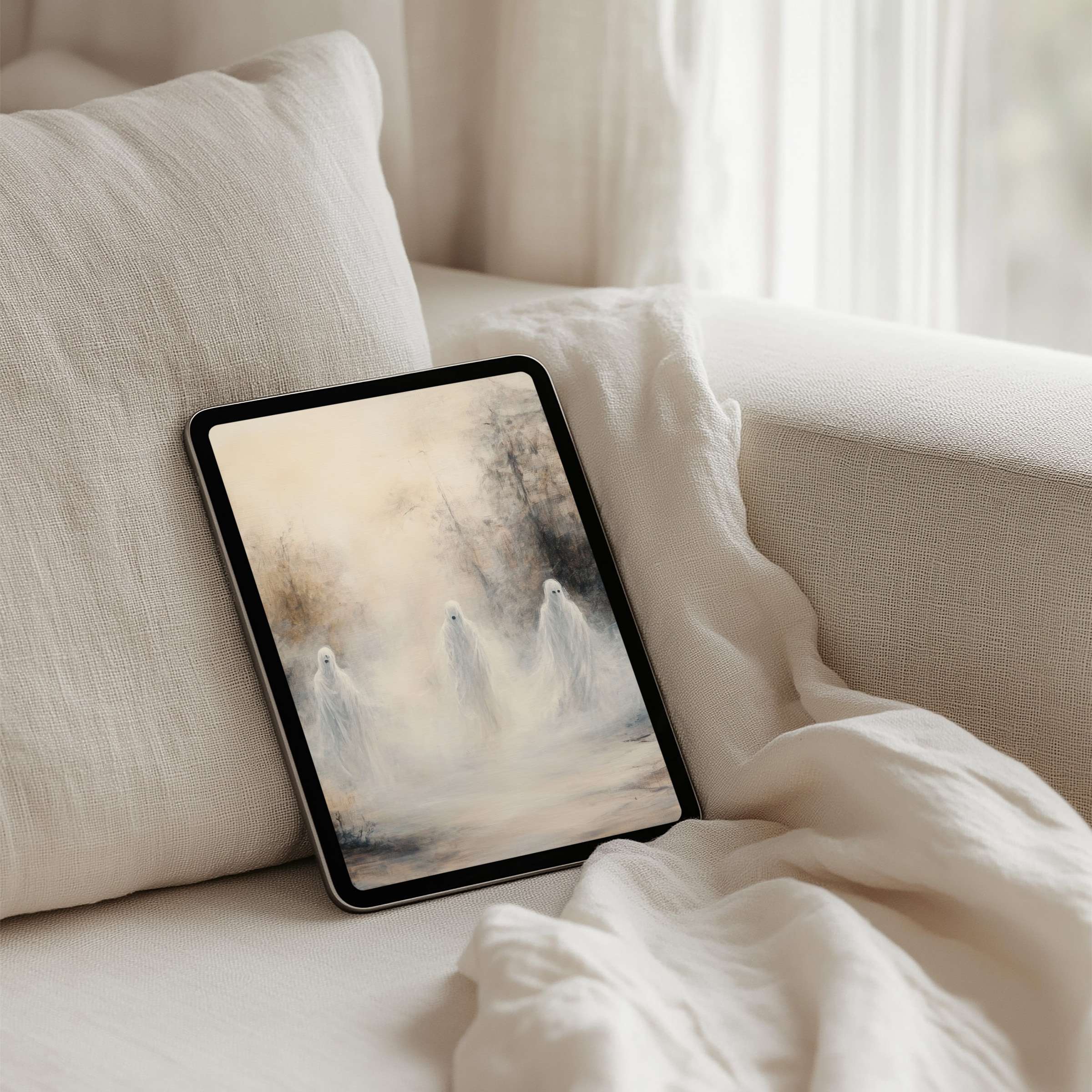Ethereal misty forest scene on iPad background evokes calm elegance ideal for tablets instant download for design-inspired mindfulness