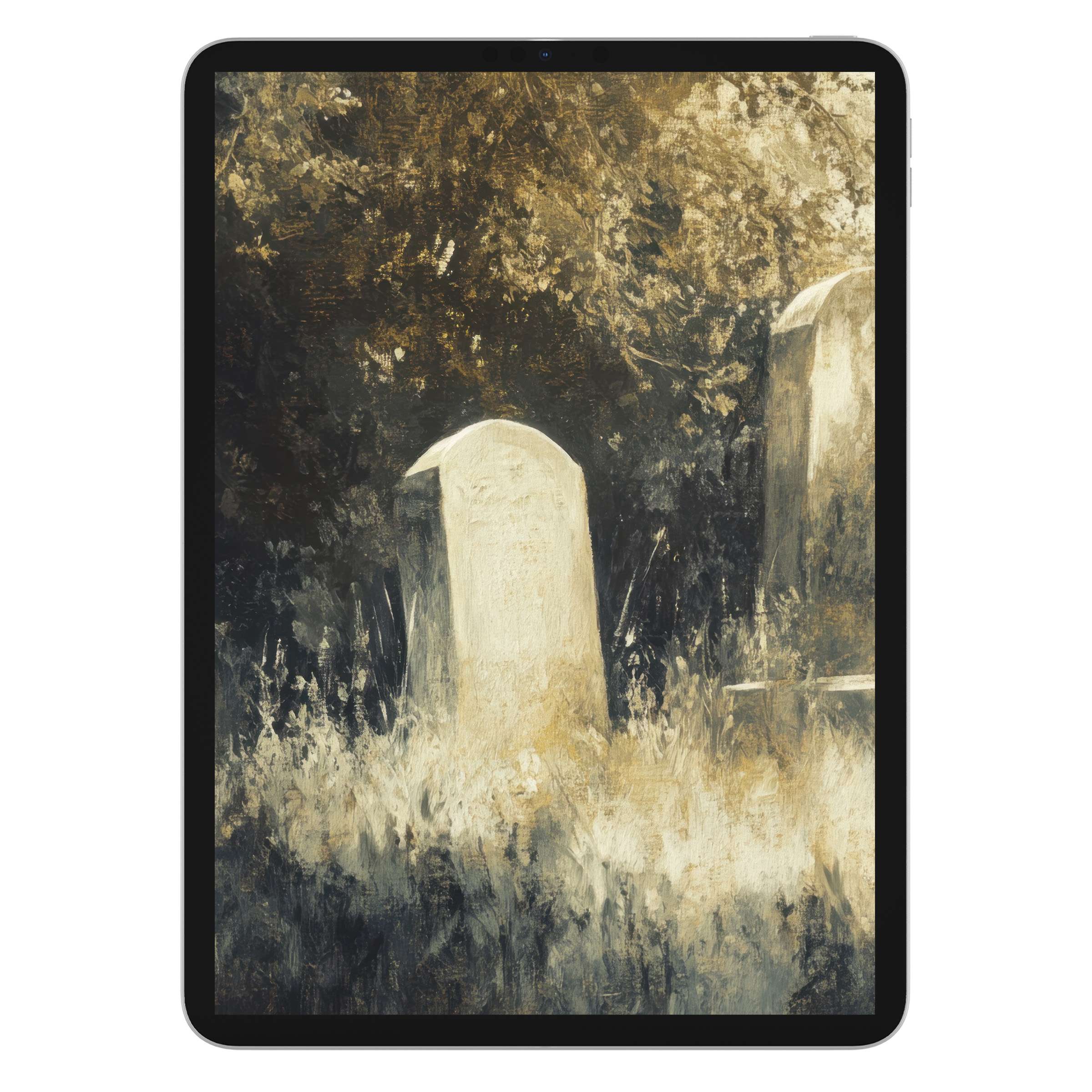 Elegant halloween iPad wallpaper with rustic tombstone art for serene tablet background digital download perfect for all screens