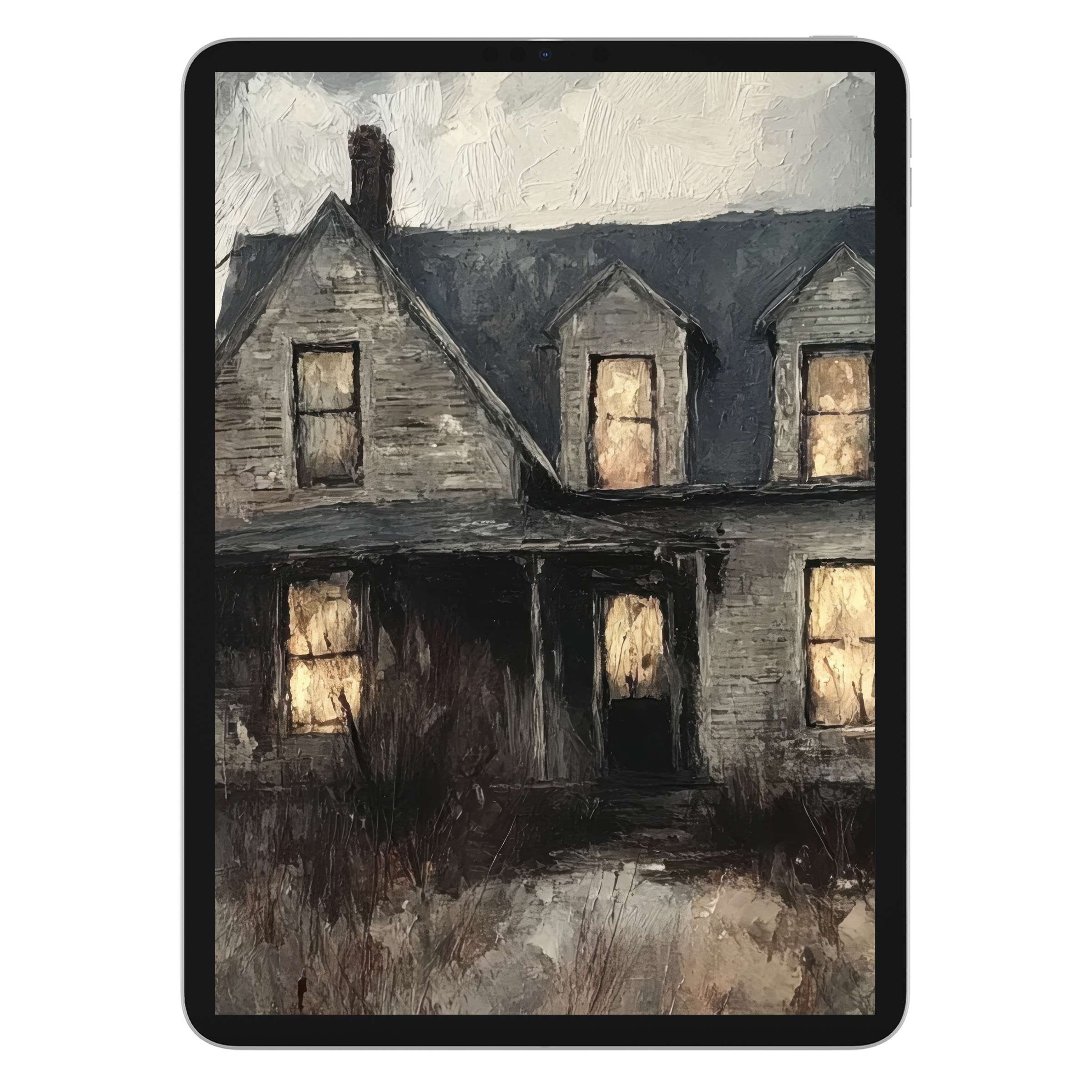 Eerie Halloween iPad wallpaper digital download features a moody haunted house painting for tablet background art enthusiasts